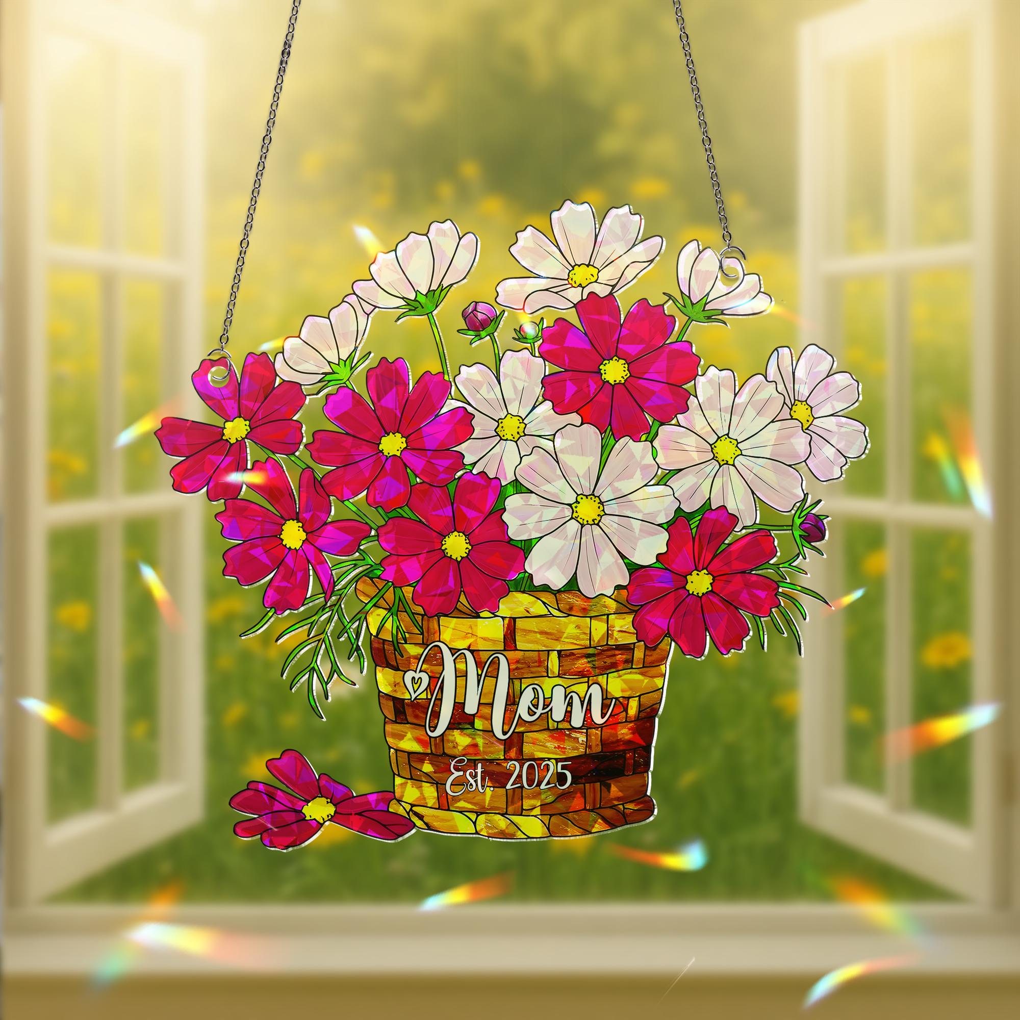 Personalized Mother's Day Flower Basket Ornament - Custom Mom October Birth Acrylic Window Hanging - Unique Floral Gift for Her