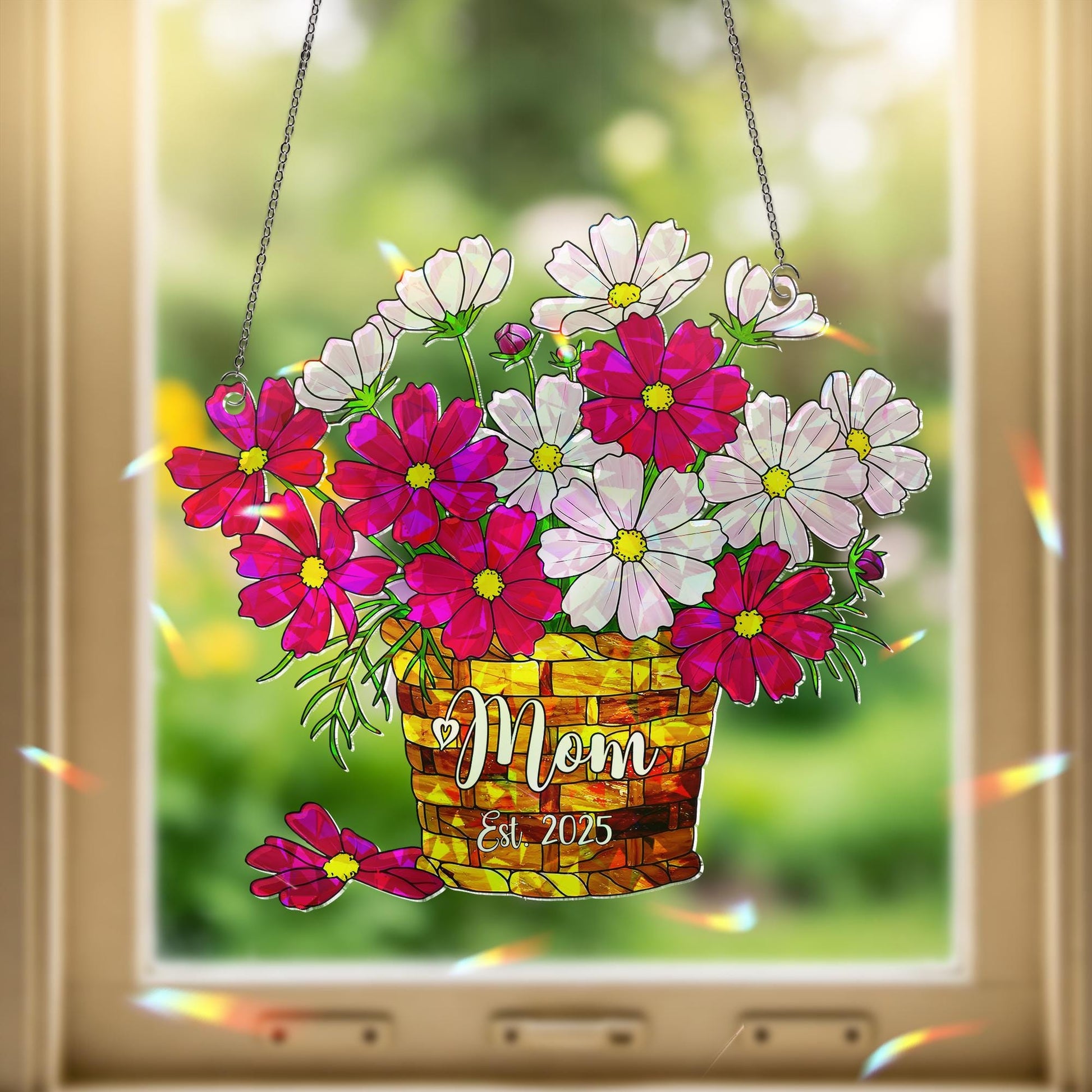 Personalized Mother's Day Flower Basket Ornament - Custom Mom October Birth Acrylic Window Hanging - Unique Floral Gift for Her
