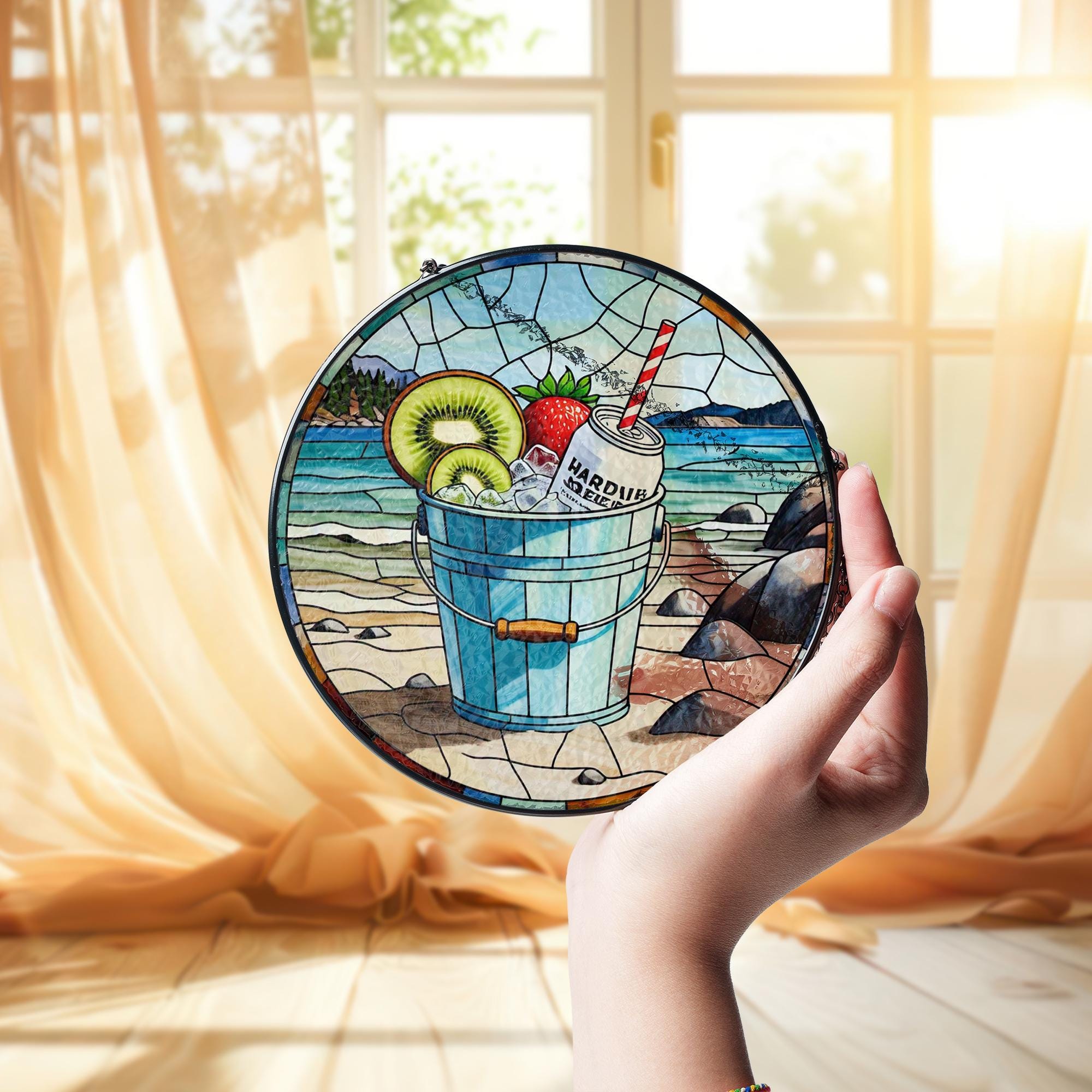 Cocktail on the Beach Glass Suncatcher – Tropical Window Decor – Relaxing Mother's Day Gift for Beach Lovers & Summer Vibes