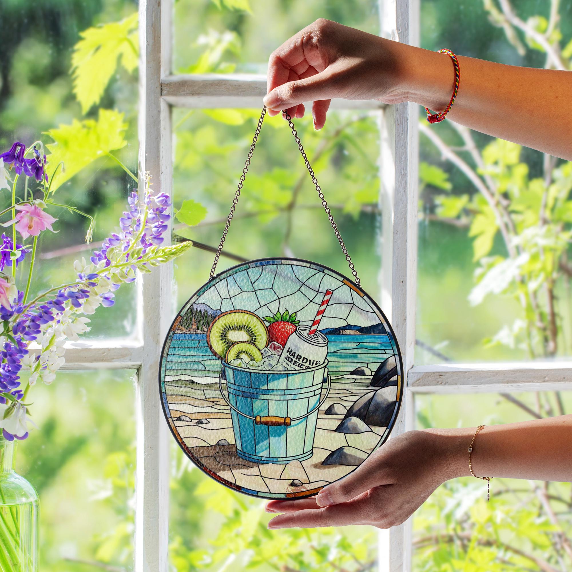 Cocktail on the Beach Glass Suncatcher – Tropical Window Decor – Relaxing Mother's Day Gift for Beach Lovers & Summer Vibes