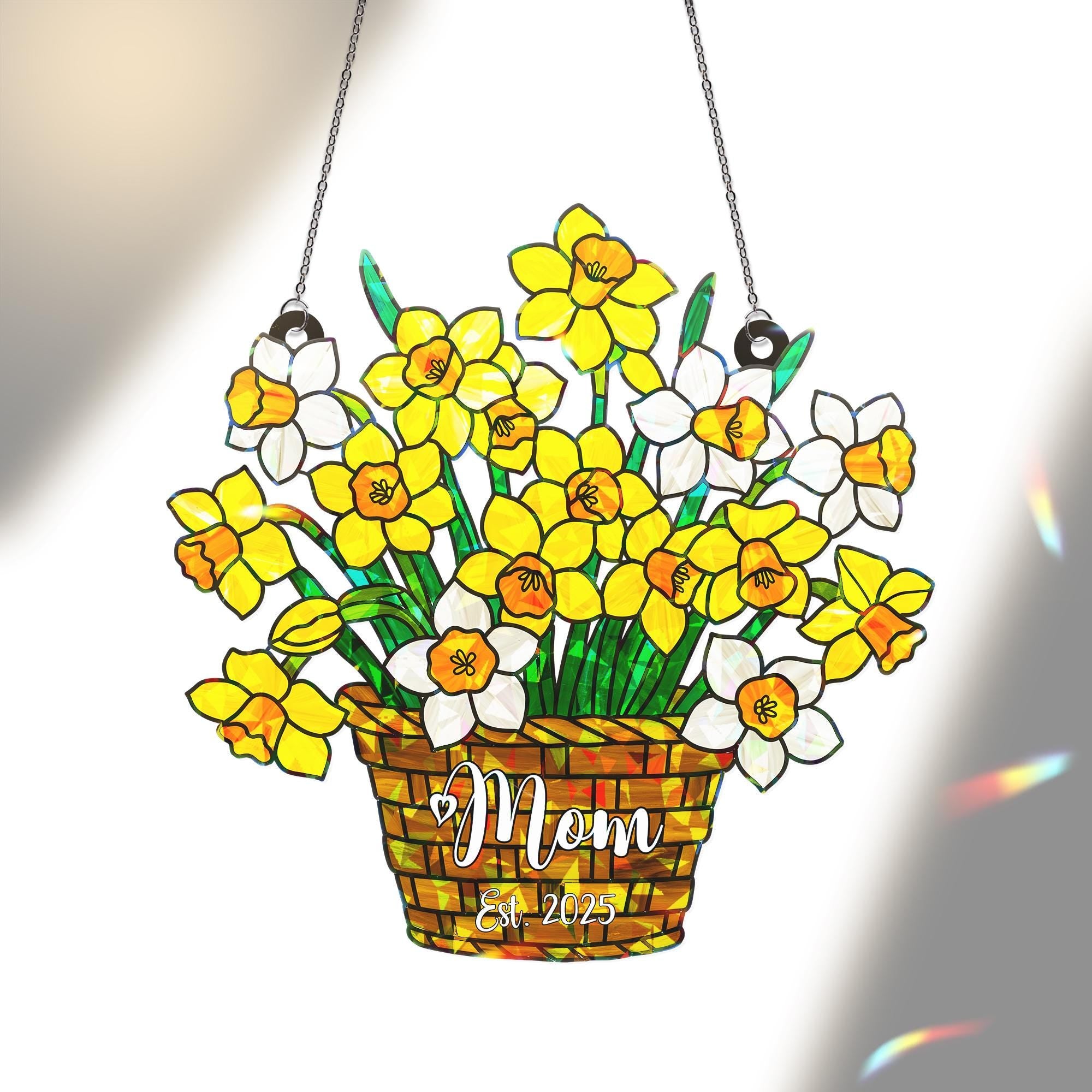 Personalized Daffodil Ornament for Mom Est. 2025 - Vibrant Floral Basket Window Decoration, Custom Mother's Day Gift, December Birth Gift