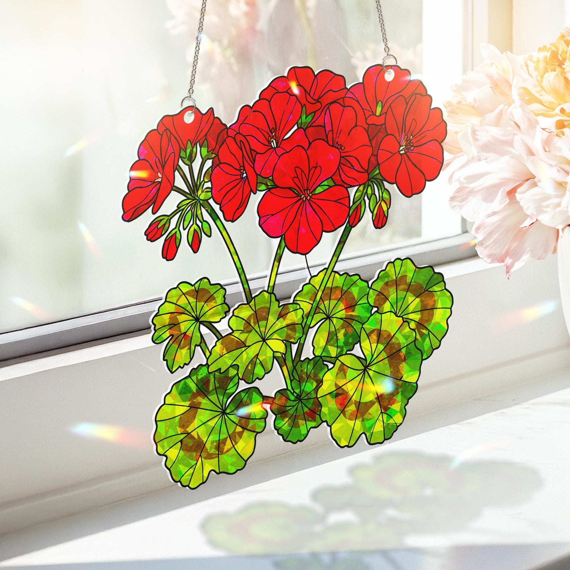 Vibrant Red Geranium Acrylic Window Hanging Ornament, Home Decor, Floral Garden Lover Gift, Unique Botanical Art, Gift For Mom, Her