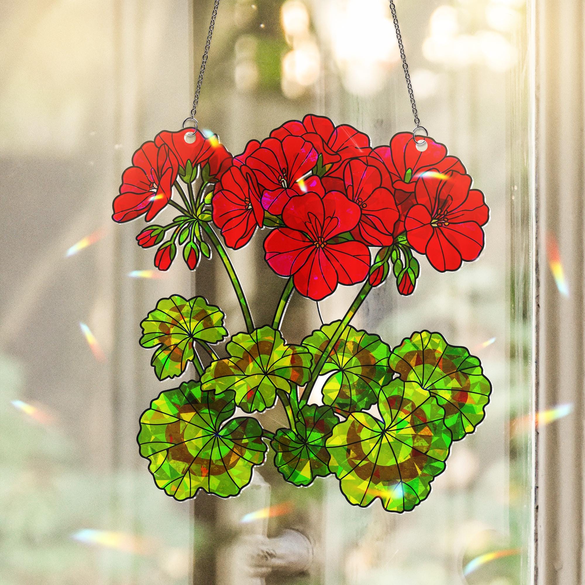 Vibrant Red Geranium Acrylic Window Hanging Ornament, Home Decor, Floral Garden Lover Gift, Unique Botanical Art, Gift For Mom, Her