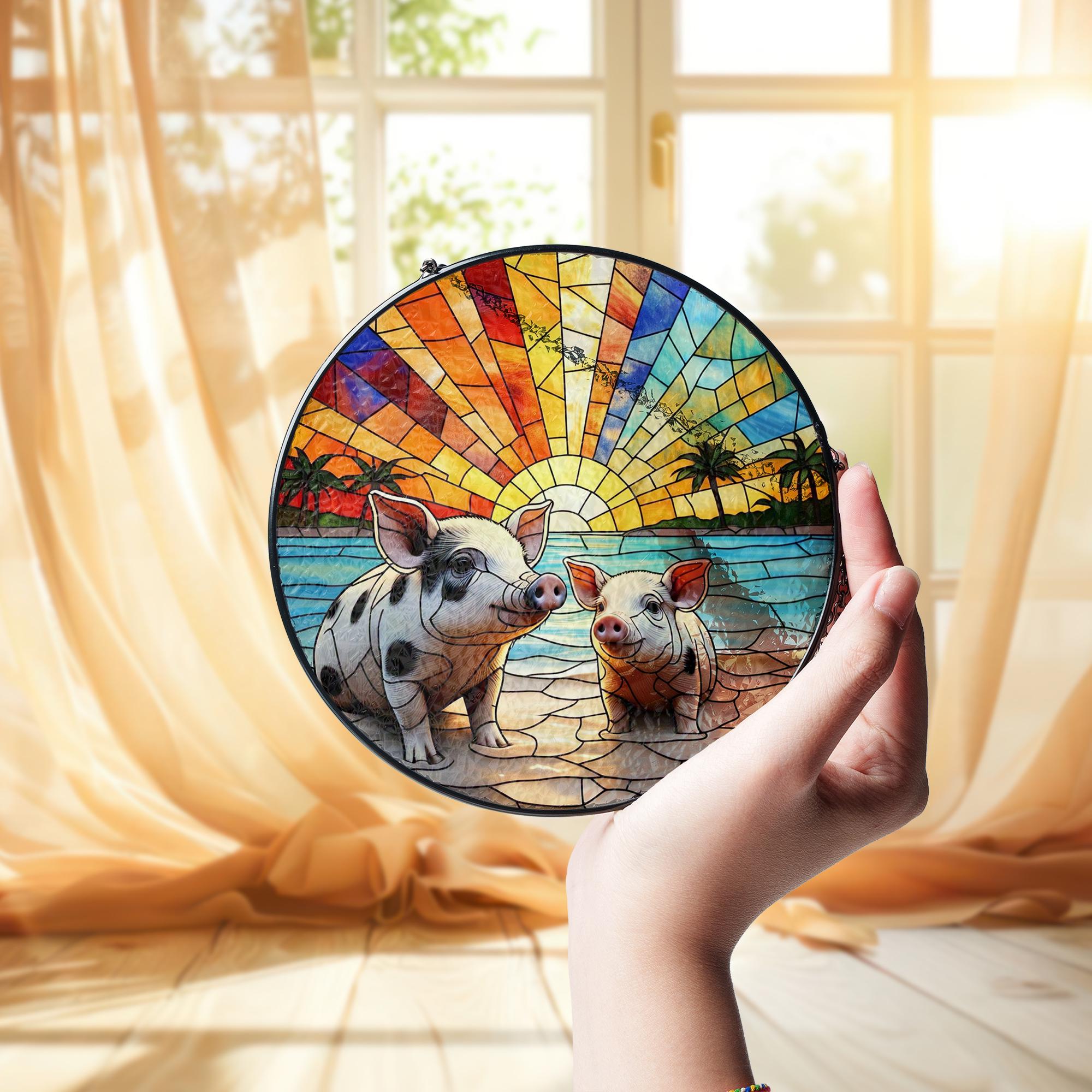 Pig on the Beach Glass Suncatcher – Whimsical Window Decor – Perfect Mother's Day Gift for Animal Lovers & Beach Enthusiasts