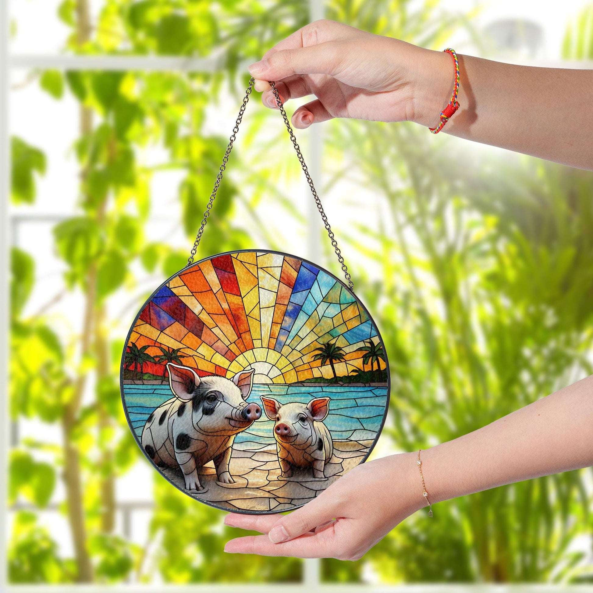 Pig on the Beach Glass Suncatcher – Whimsical Window Decor – Perfect Mother's Day Gift for Animal Lovers & Beach Enthusiasts