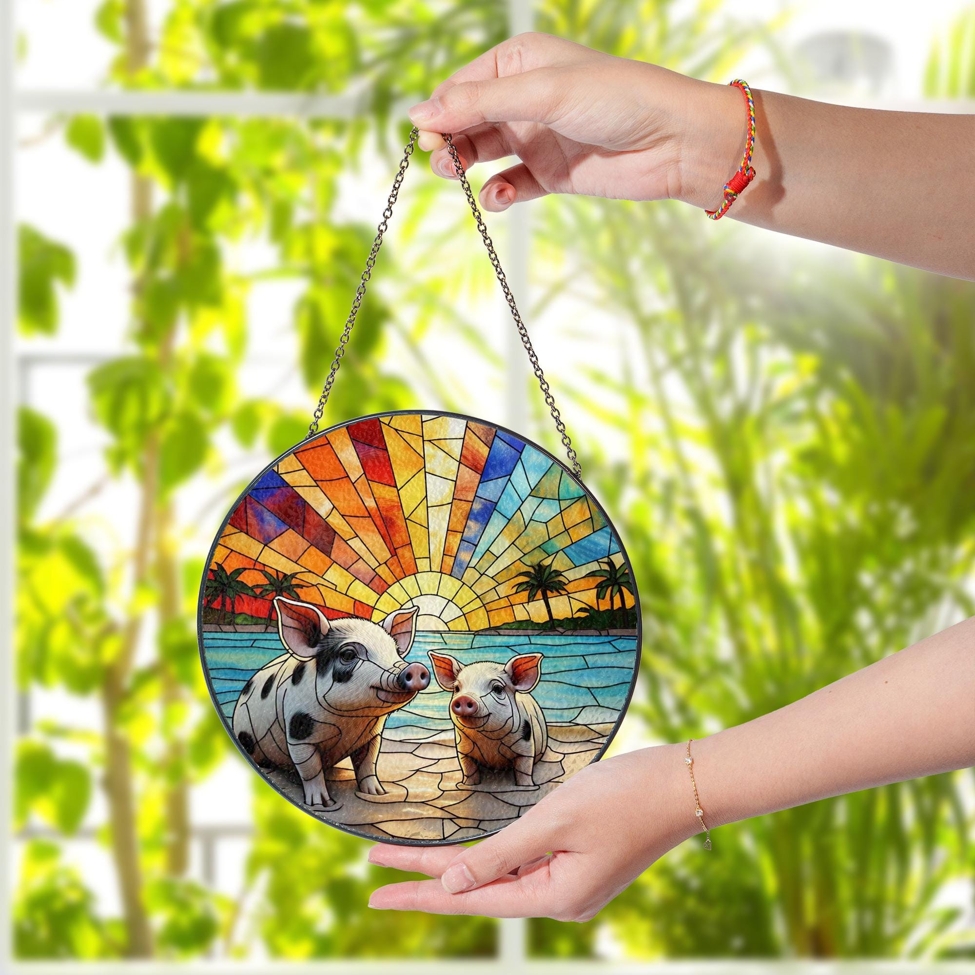 Pig on the Beach Glass Suncatcher – Whimsical Window Decor – Perfect Mother's Day Gift for Animal Lovers & Beach Enthusiasts