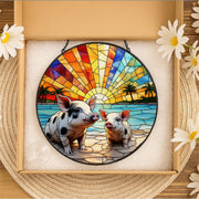 Pig on the Beach Glass Suncatcher – Whimsical Window Decor – Perfect Mother's Day Gift for Animal Lovers & Beach Enthusiasts