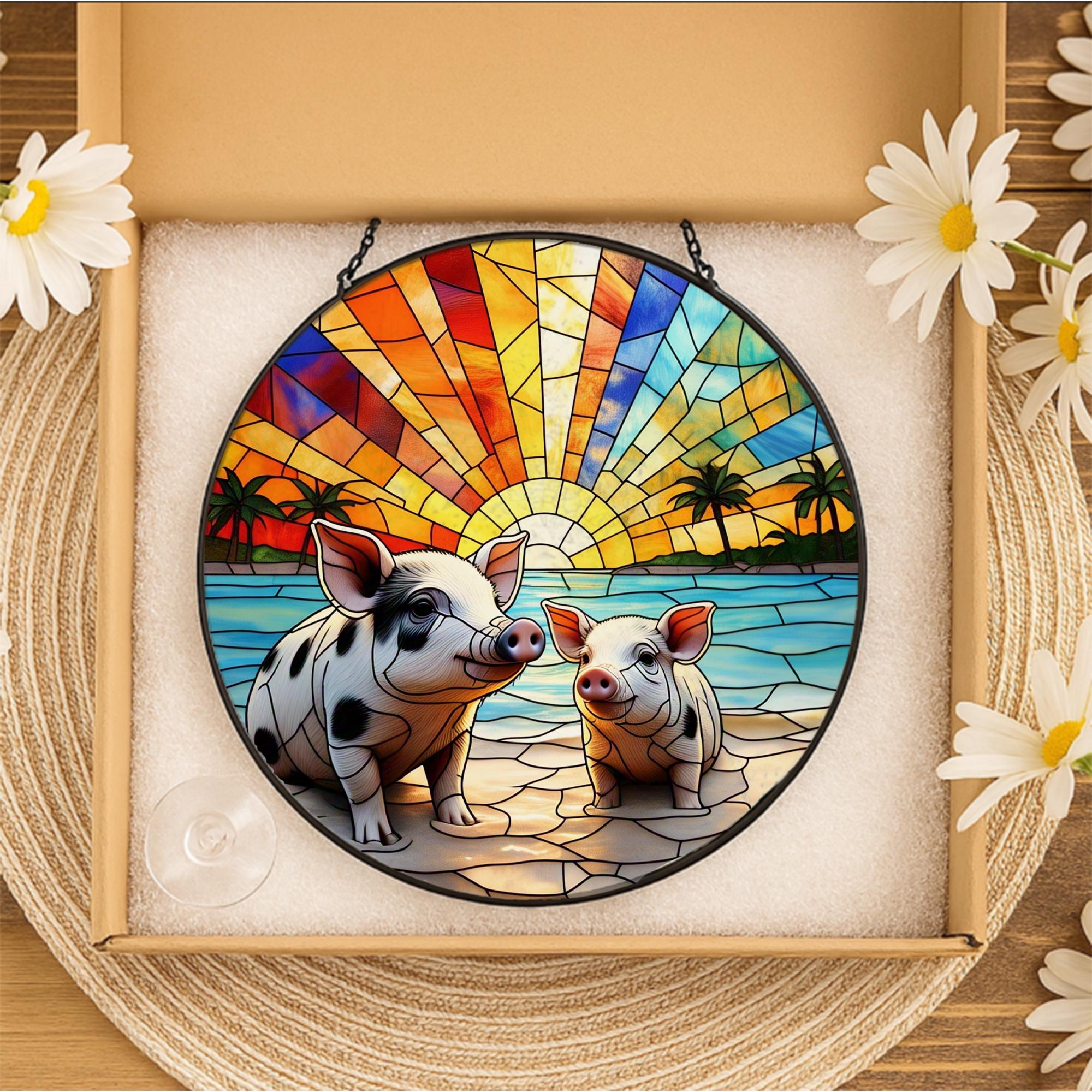 Pig on the Beach Glass Suncatcher – Whimsical Window Decor – Perfect Mother's Day Gift for Animal Lovers & Beach Enthusiasts
