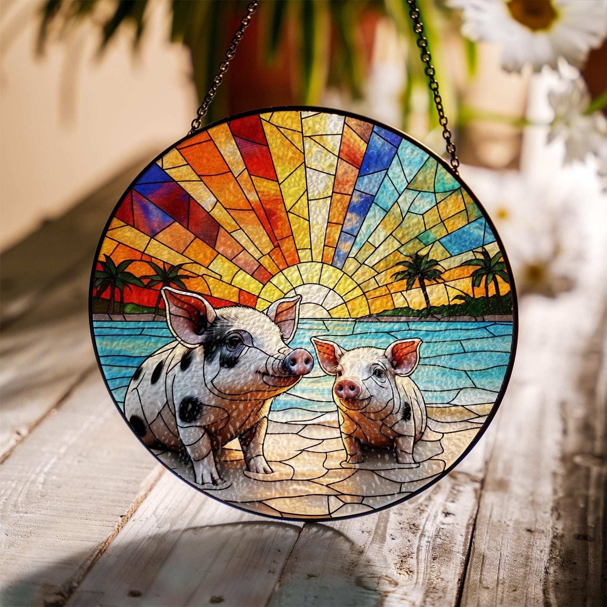 Pig on the Beach Glass Suncatcher – Whimsical Window Decor – Perfect Mother's Day Gift for Animal Lovers & Beach Enthusiasts