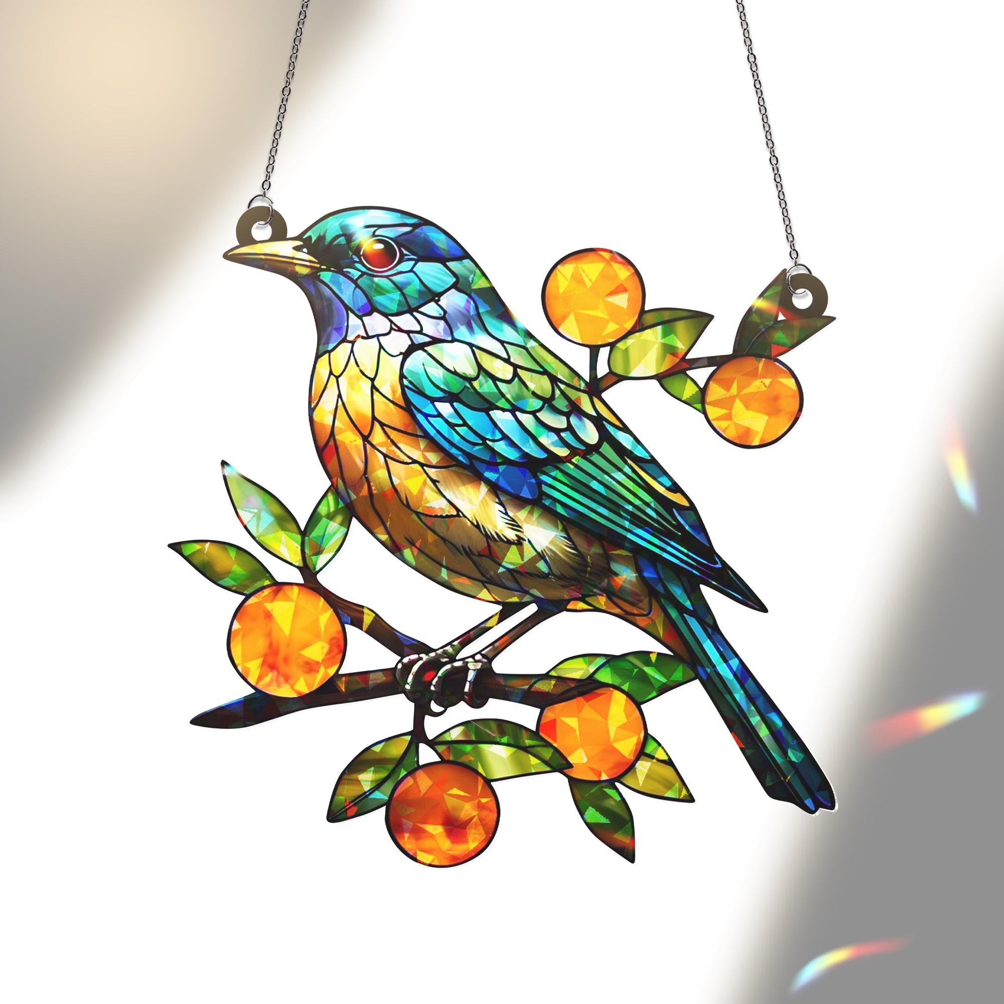 Bluebird with Orange Branches Hologram Acrylic Window Hanging – Mother's Day Gift – Vibrant Bird Decor for Nature Lovers