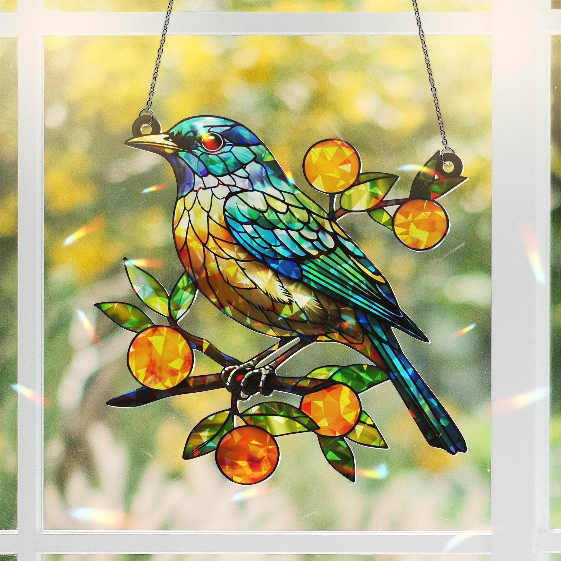 Bluebird with Orange Branches Hologram Acrylic Window Hanging – Mother's Day Gift – Vibrant Bird Decor for Nature Lovers