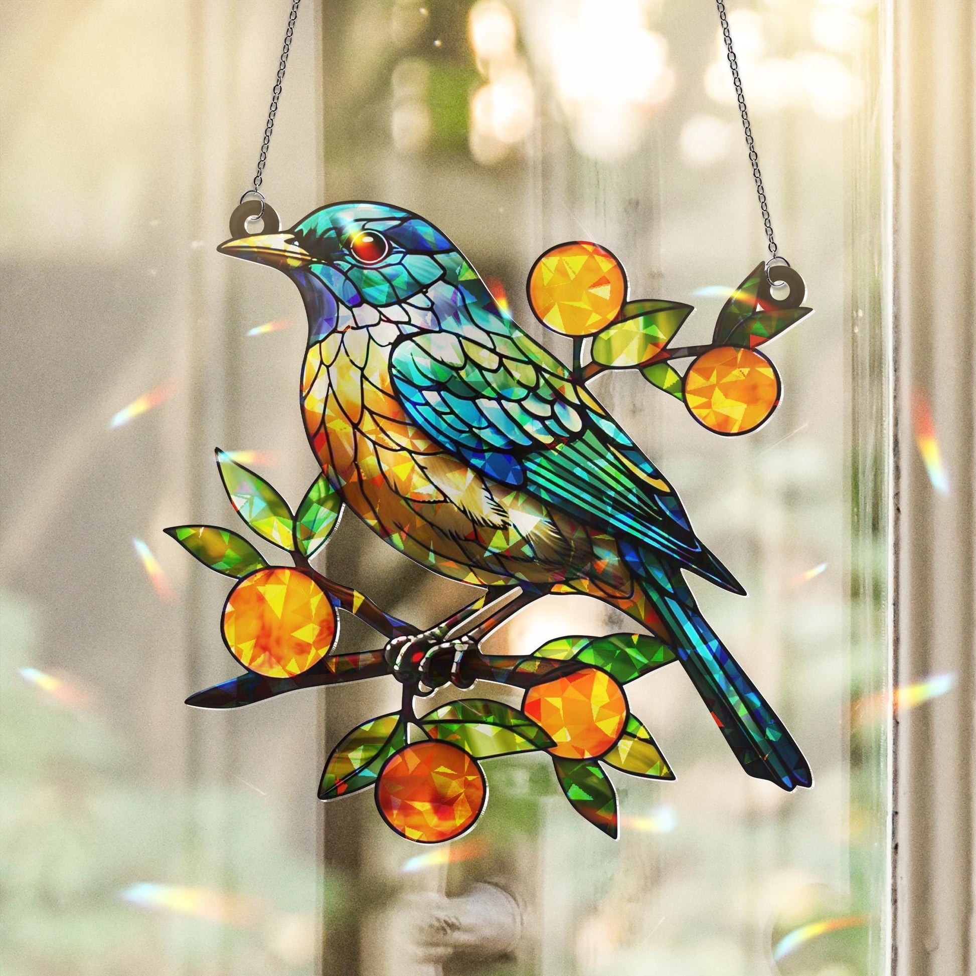 Bluebird with Orange Branches Hologram Acrylic Window Hanging – Mother's Day Gift – Vibrant Bird Decor for Nature Lovers