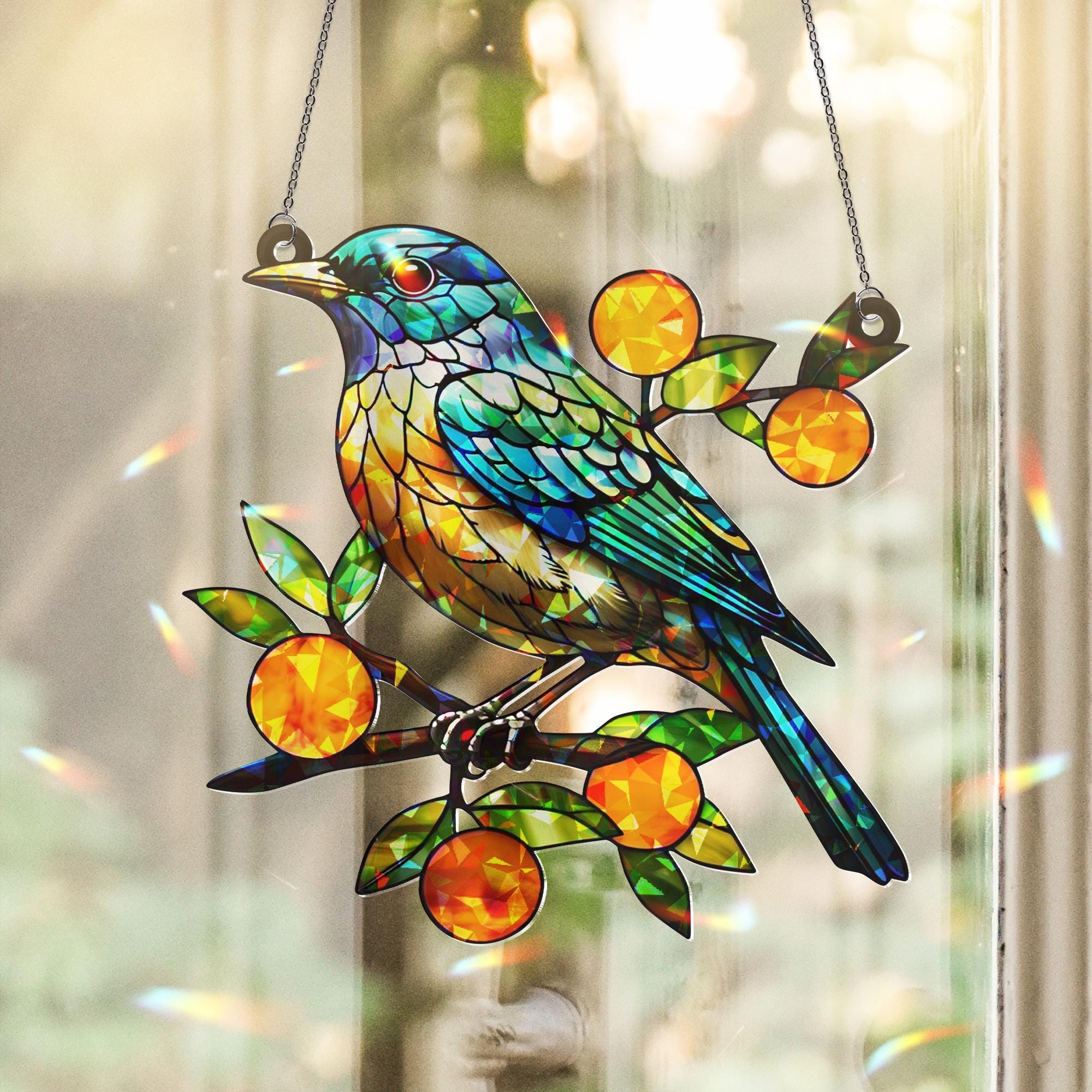 Bluebird with Orange Branches Hologram Acrylic Window Hanging – Mother's Day Gift – Vibrant Bird Decor for Nature Lovers