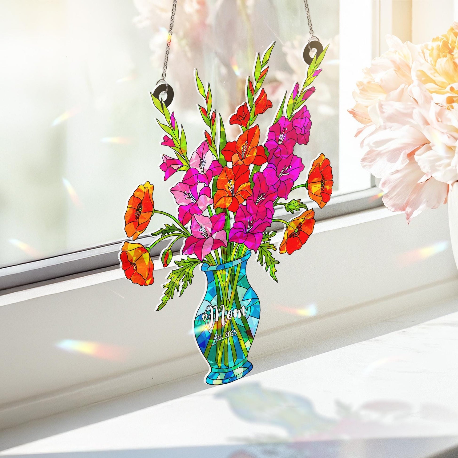 Personalized Gladiolus & Poppy August Birth Flower Acrylic Window Hanging Ornament, Mom Gift Rainbow Maker Decor, Custom Gift For Her, Mom