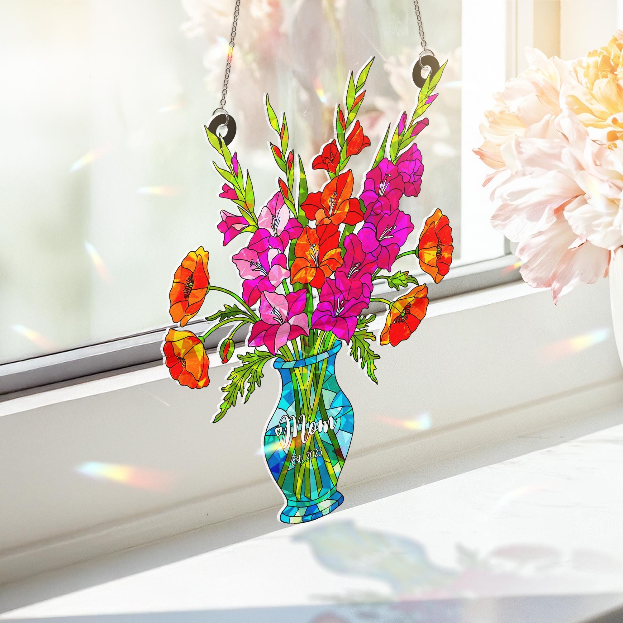 Personalized Gladiolus & Poppy August Birth Flower Acrylic Window Hanging Ornament, Mom Gift Rainbow Maker Decor, Custom Gift For Her, Mom