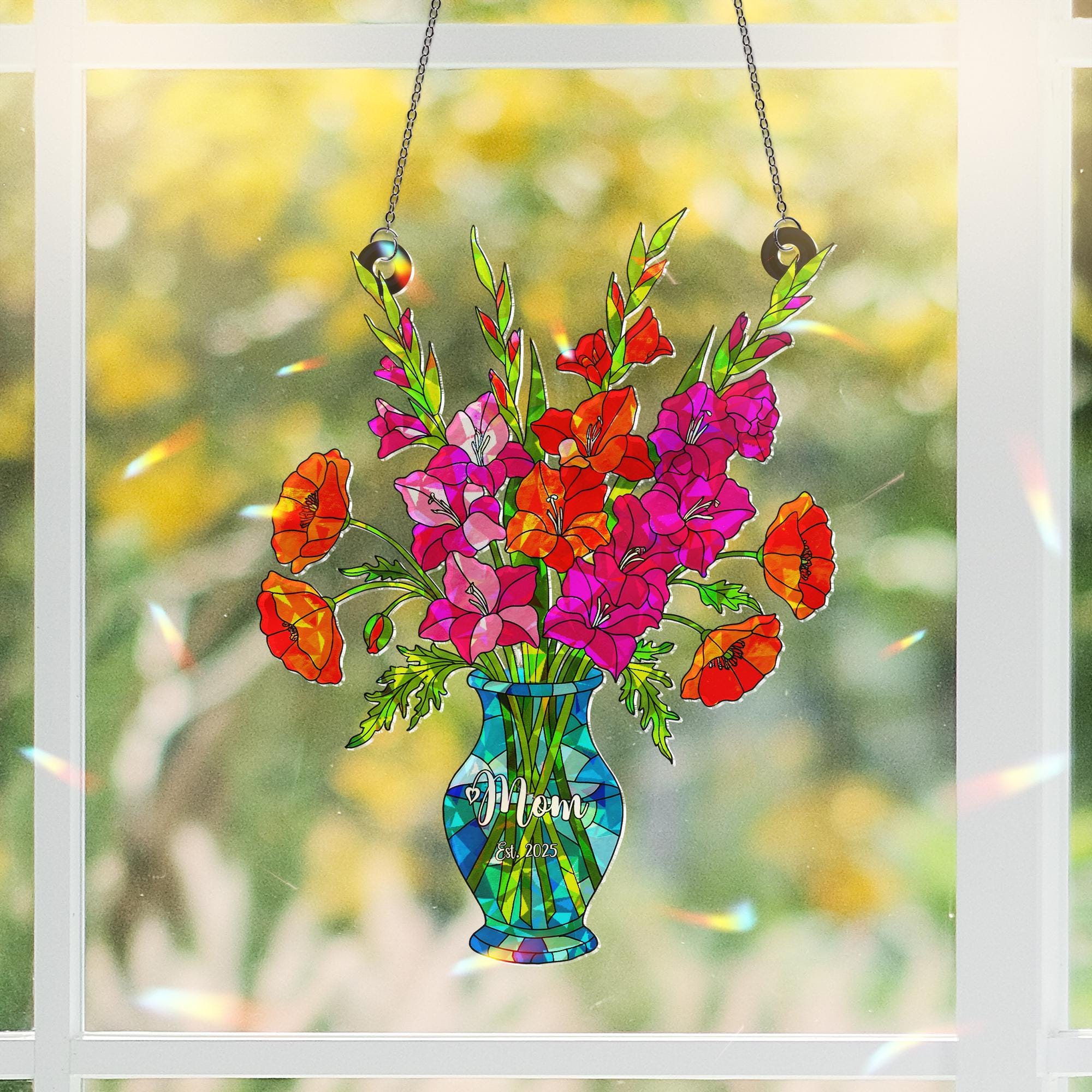 Personalized Gladiolus & Poppy August Birth Flower Acrylic Window Hanging Ornament, Mom Gift Rainbow Maker Decor, Custom Gift For Her, Mom