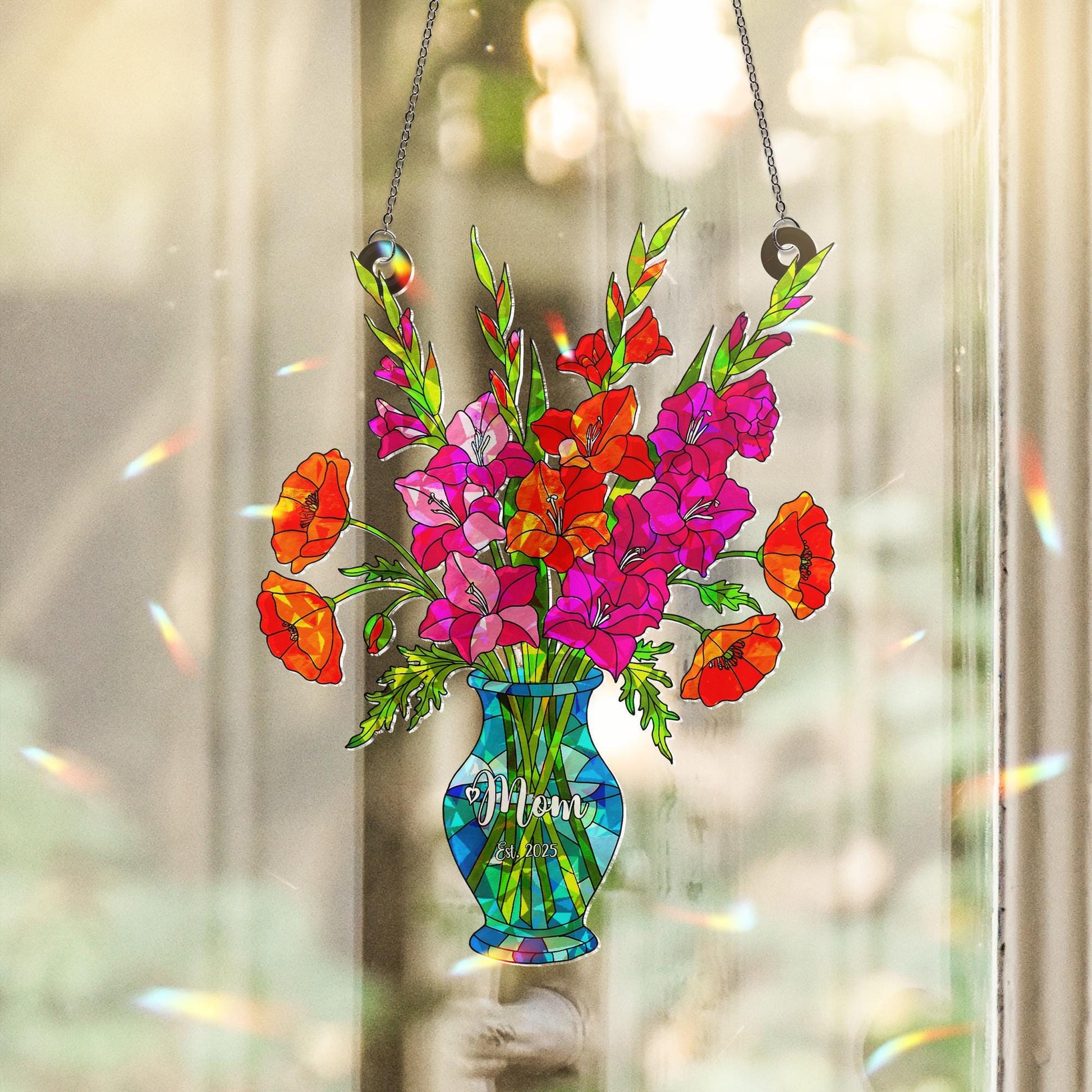 Personalized Gladiolus & Poppy August Birth Flower Acrylic Window Hanging Ornament, Mom Gift Rainbow Maker Decor, Custom Gift For Her, Mom