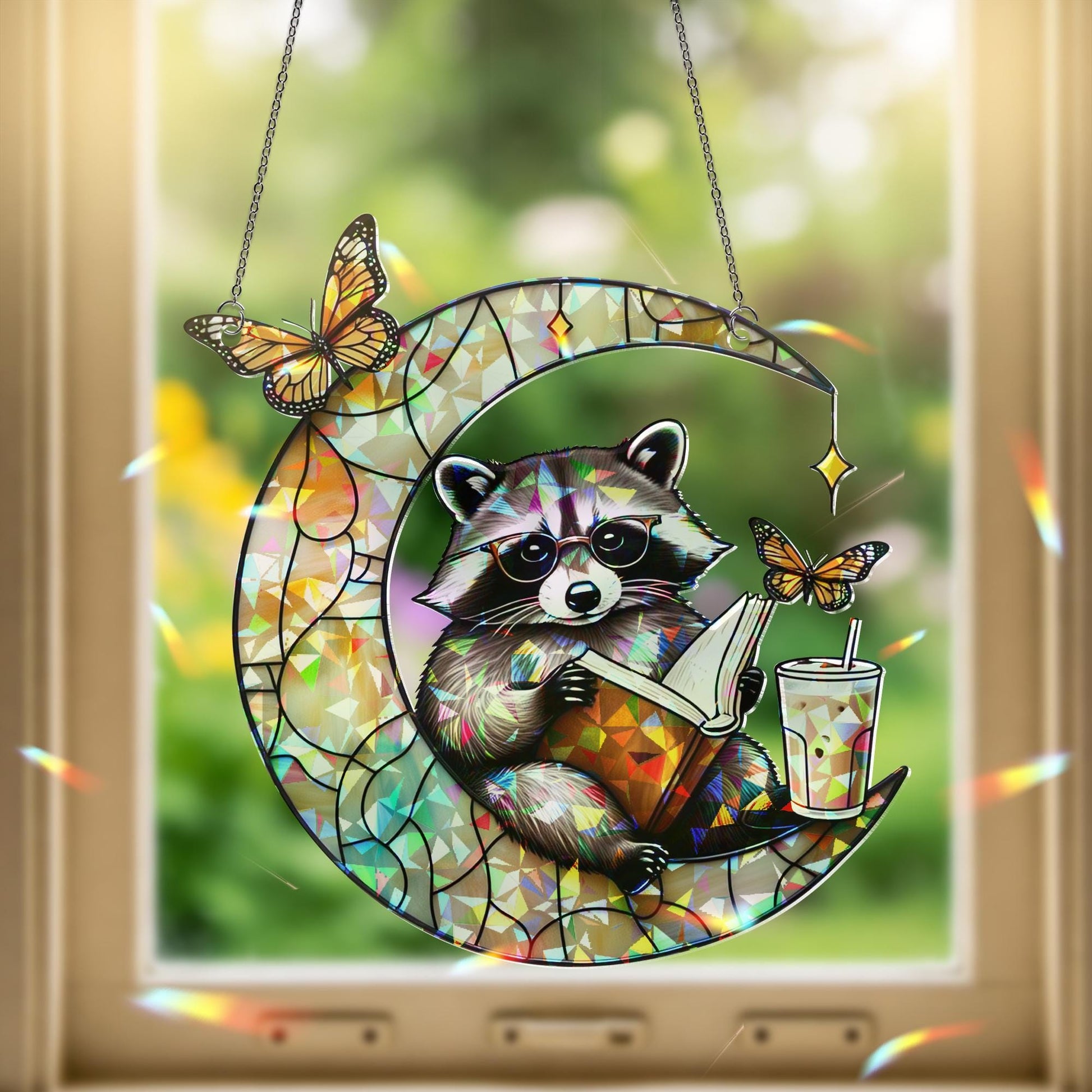 Raccoon Reading on Crescent Moon Hologram Acrylic Window Hanging – Mother's Day Gift – Whimsical Book Lover Decor