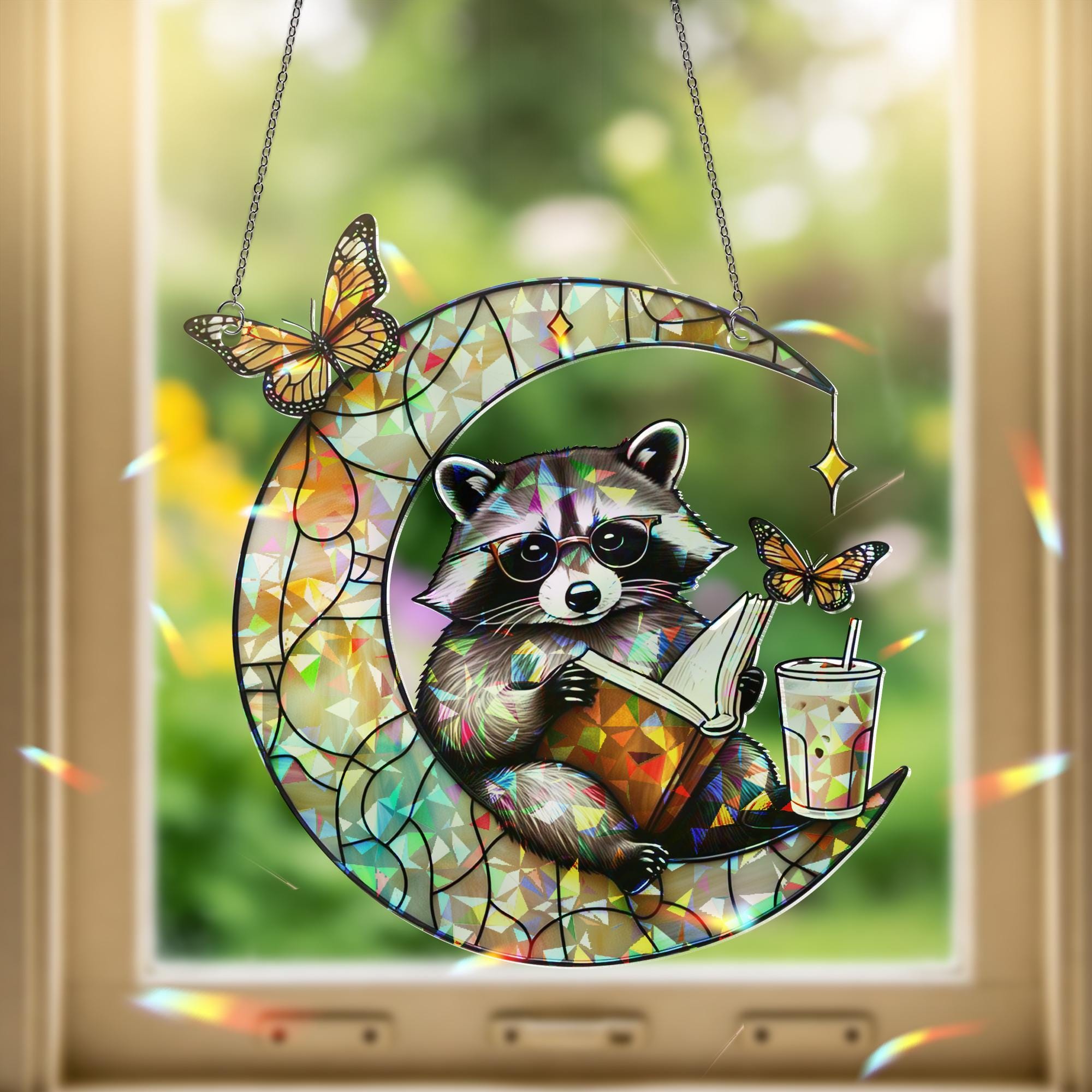 Raccoon Reading on Crescent Moon Hologram Acrylic Window Hanging – Mother's Day Gift – Whimsical Book Lover Decor