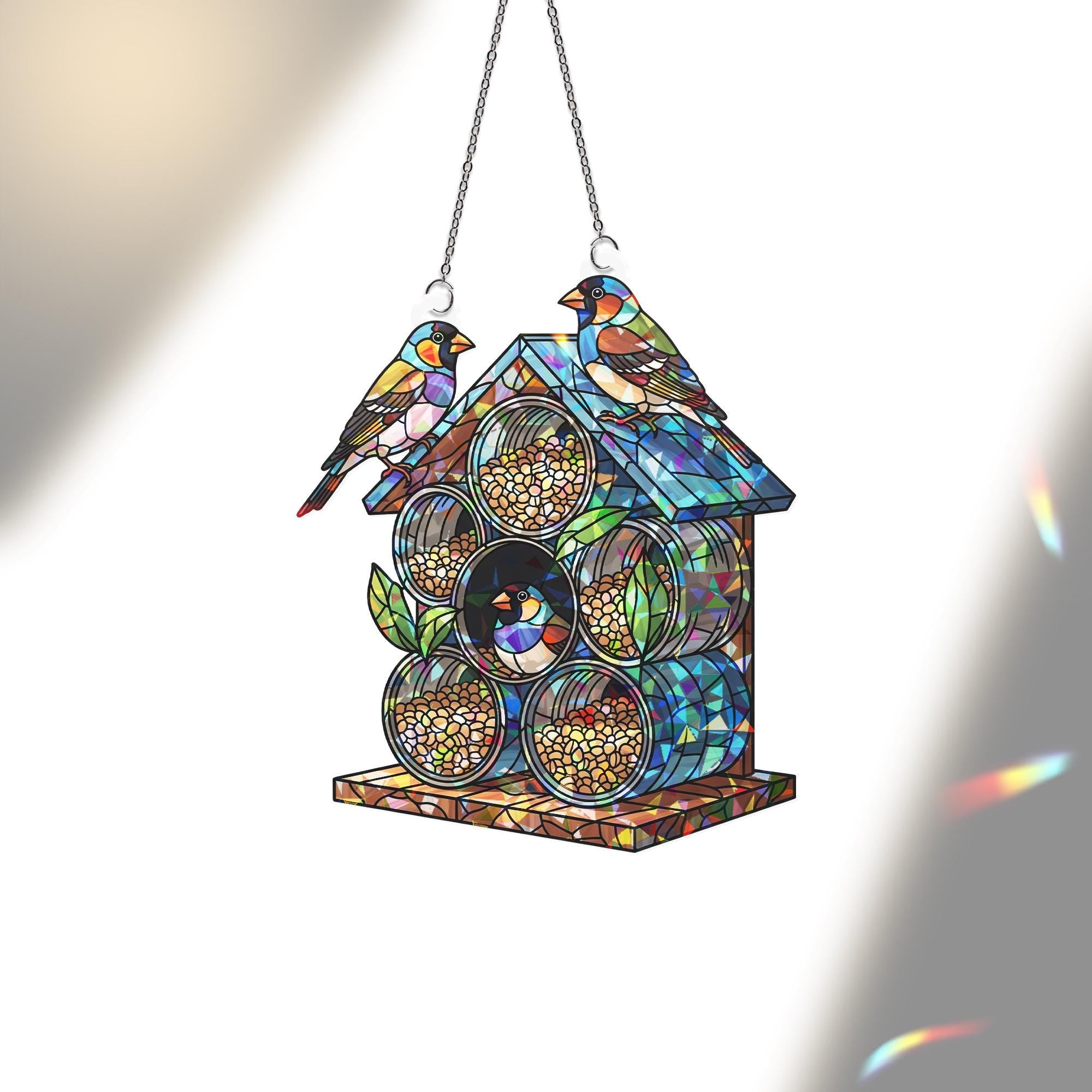 Finch Birdhouse Window Hanging – Holographic Suncatcher with Birds and Flowers – Cottagecore Boho Decor – Stained Glass Style Art