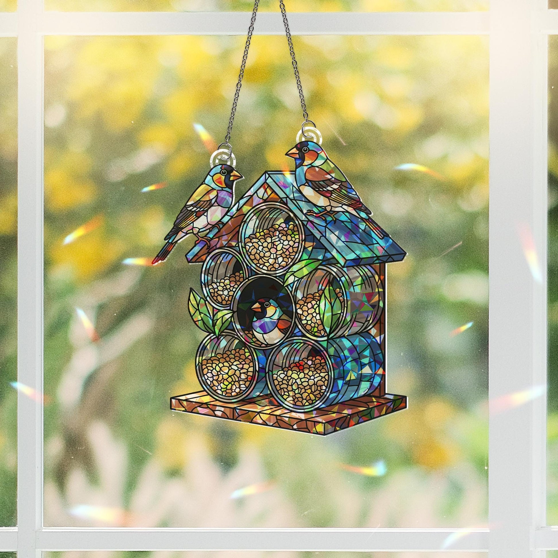 Finch Birdhouse Window Hanging – Holographic Suncatcher with Birds and Flowers – Cottagecore Boho Decor – Stained Glass Style Art