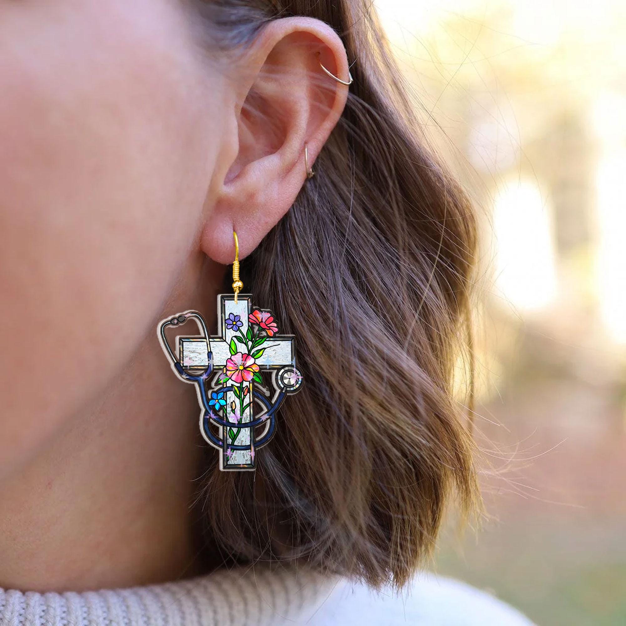 Floral Cross Nurse Earrings – Mother's Day Gift – Elegant Medical Jewelry for Nurses – Healthcare Worker Appreciation Gift
