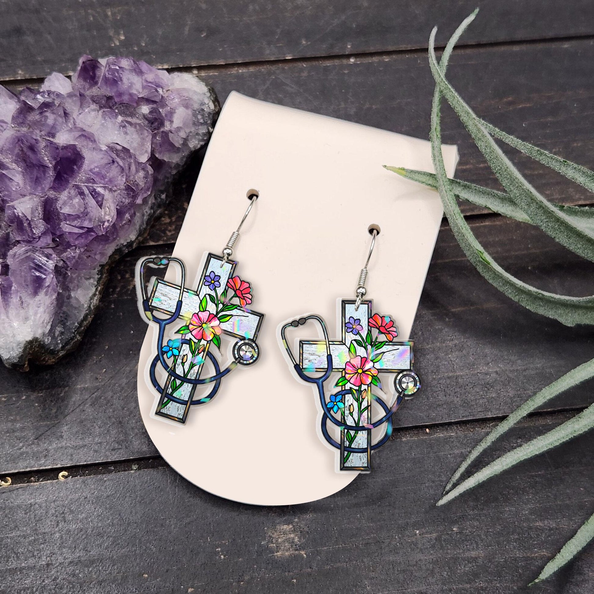 Floral Cross Nurse Earrings – Mother's Day Gift – Elegant Medical Jewelry for Nurses – Healthcare Worker Appreciation Gift