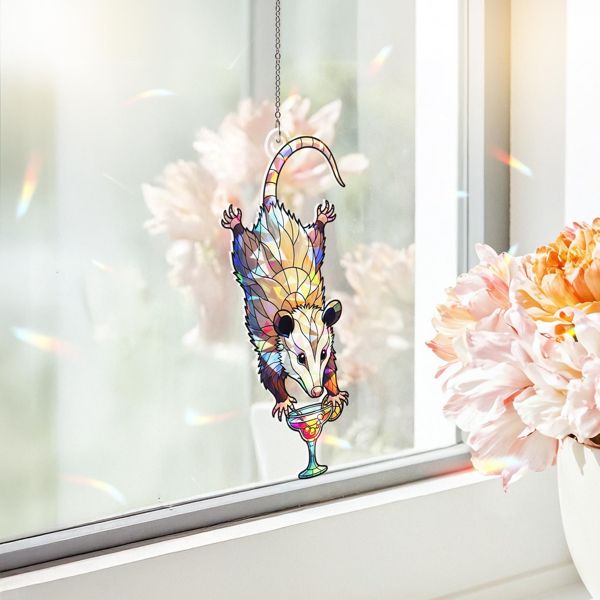 Drunk Opossum Holographic Window Hanging – Funny Animal Cocktail Suncatcher – Quirky Boho Decor for Weird Home Vibes
