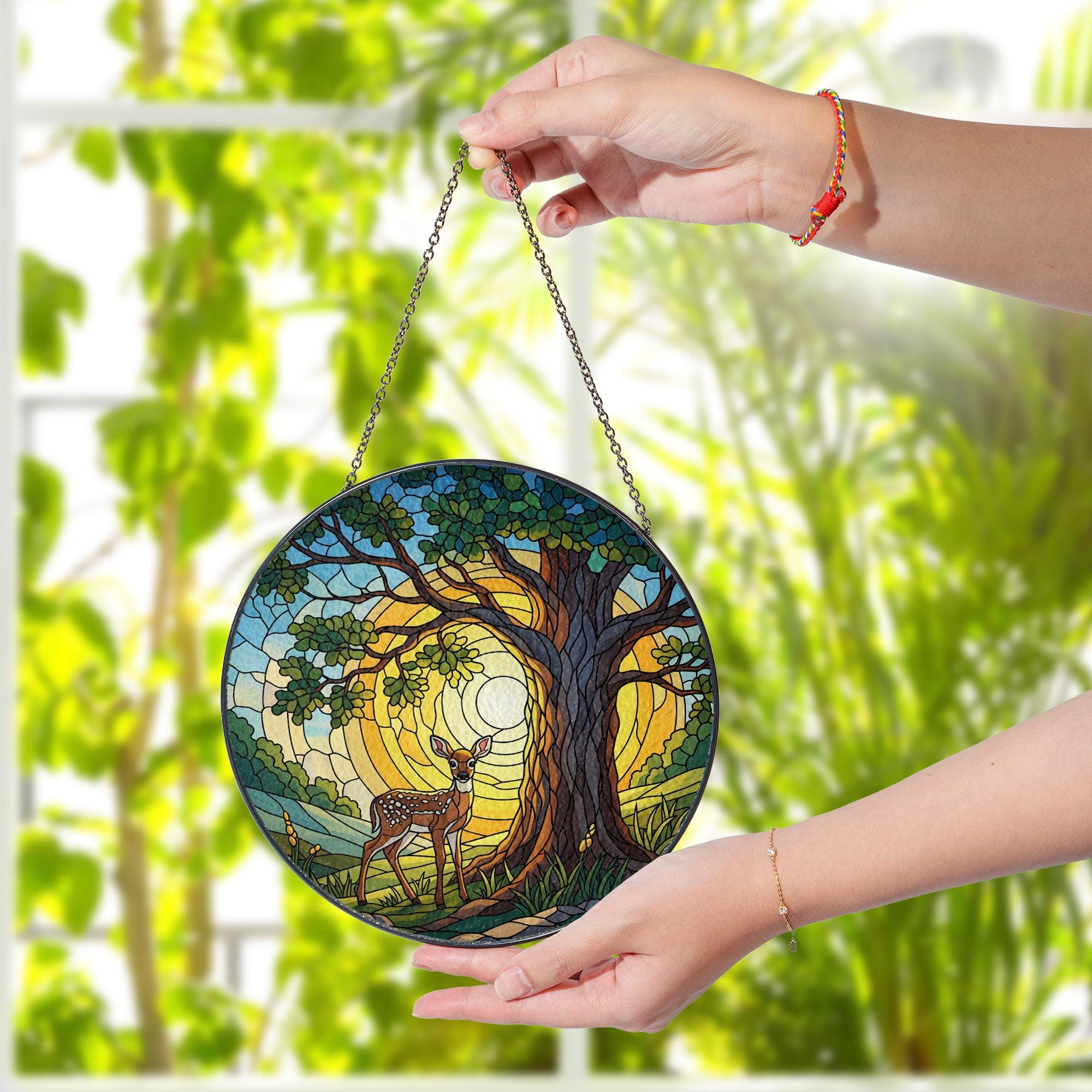Deer and Oak Tree Faux Glass Suncatcher – Woodland Nature Window Hanging – Forest Animal Stained Glass Style Decor – Sunlit Forest Art