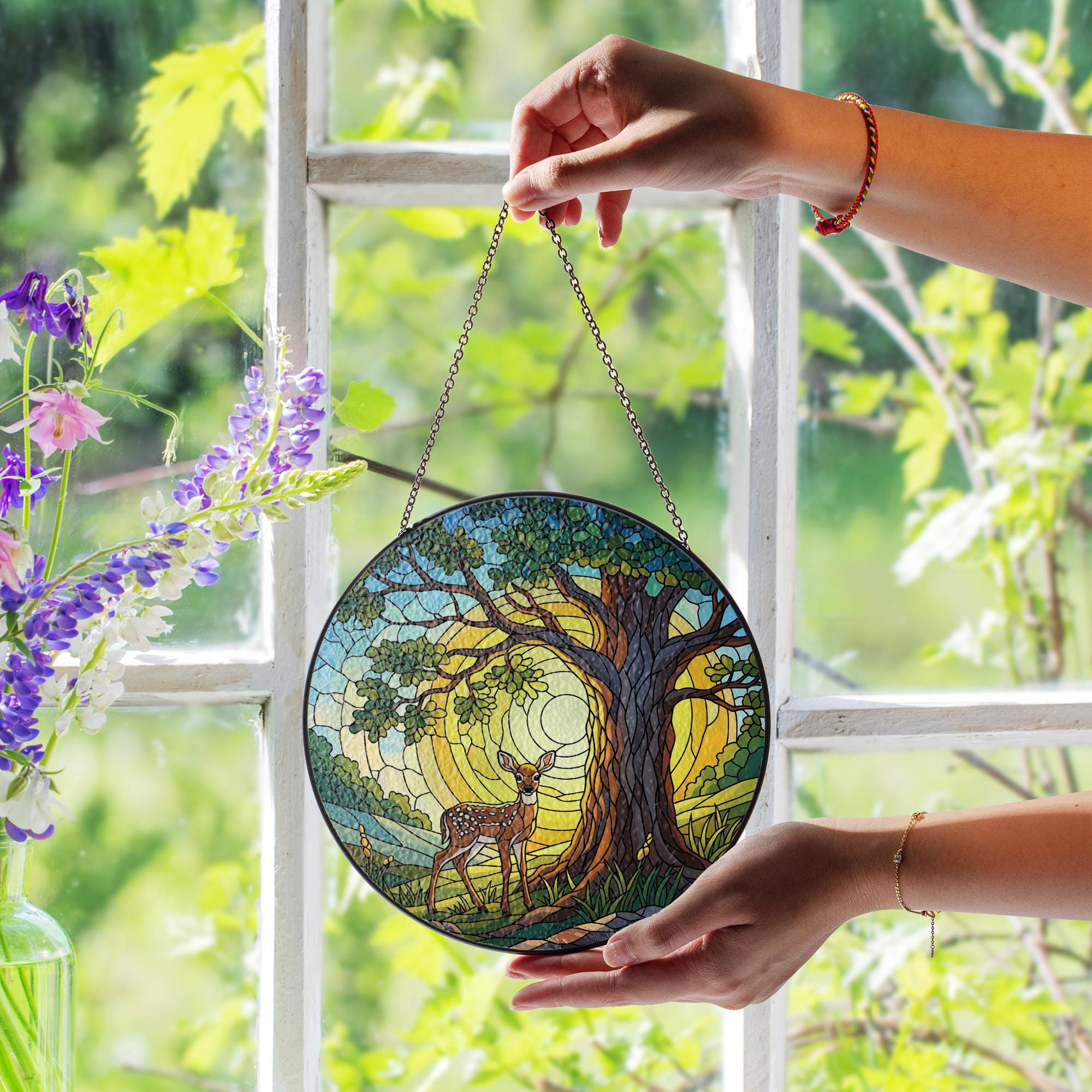 Deer and Oak Tree Faux Glass Suncatcher – Woodland Nature Window Hanging – Forest Animal Stained Glass Style Decor – Sunlit Forest Art