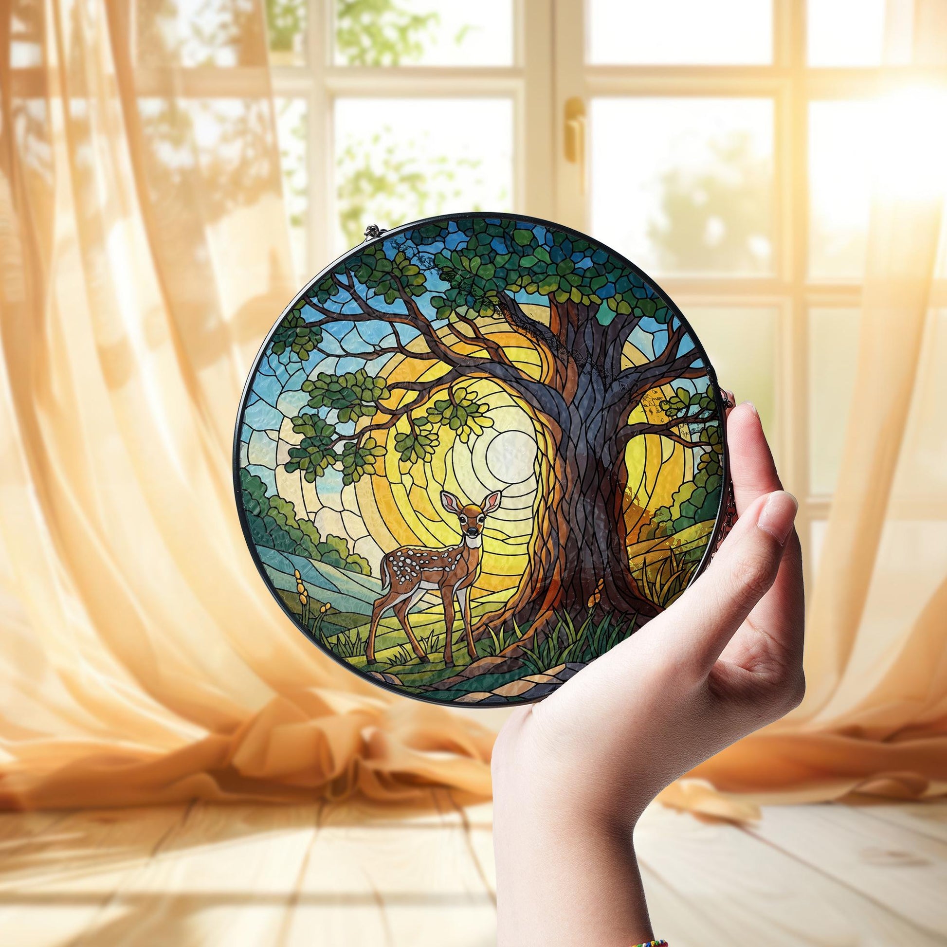 Deer and Oak Tree Faux Glass Suncatcher – Woodland Nature Window Hanging – Forest Animal Stained Glass Style Decor – Sunlit Forest Art
