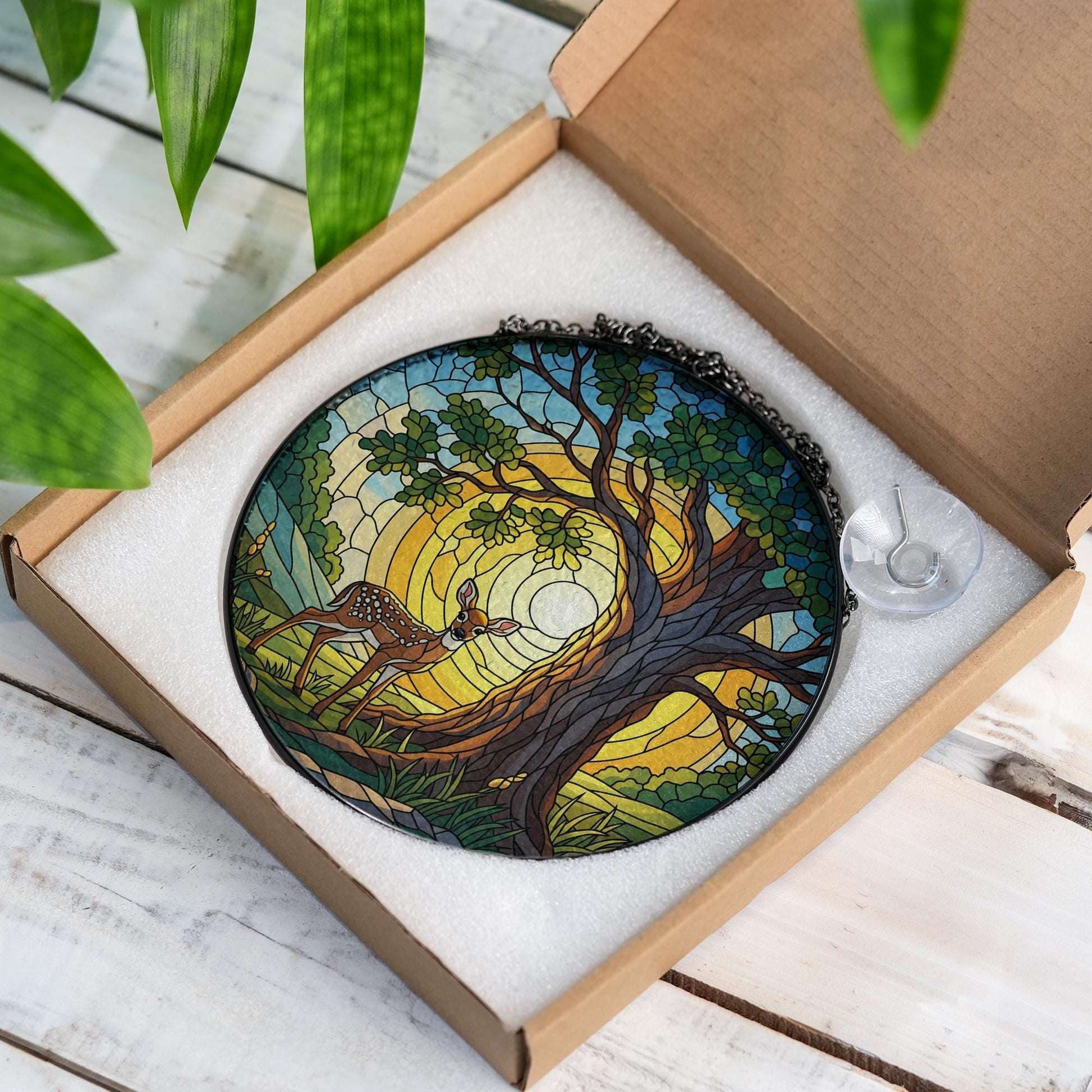 Deer and Oak Tree Faux Glass Suncatcher – Woodland Nature Window Hanging – Forest Animal Stained Glass Style Decor – Sunlit Forest Art