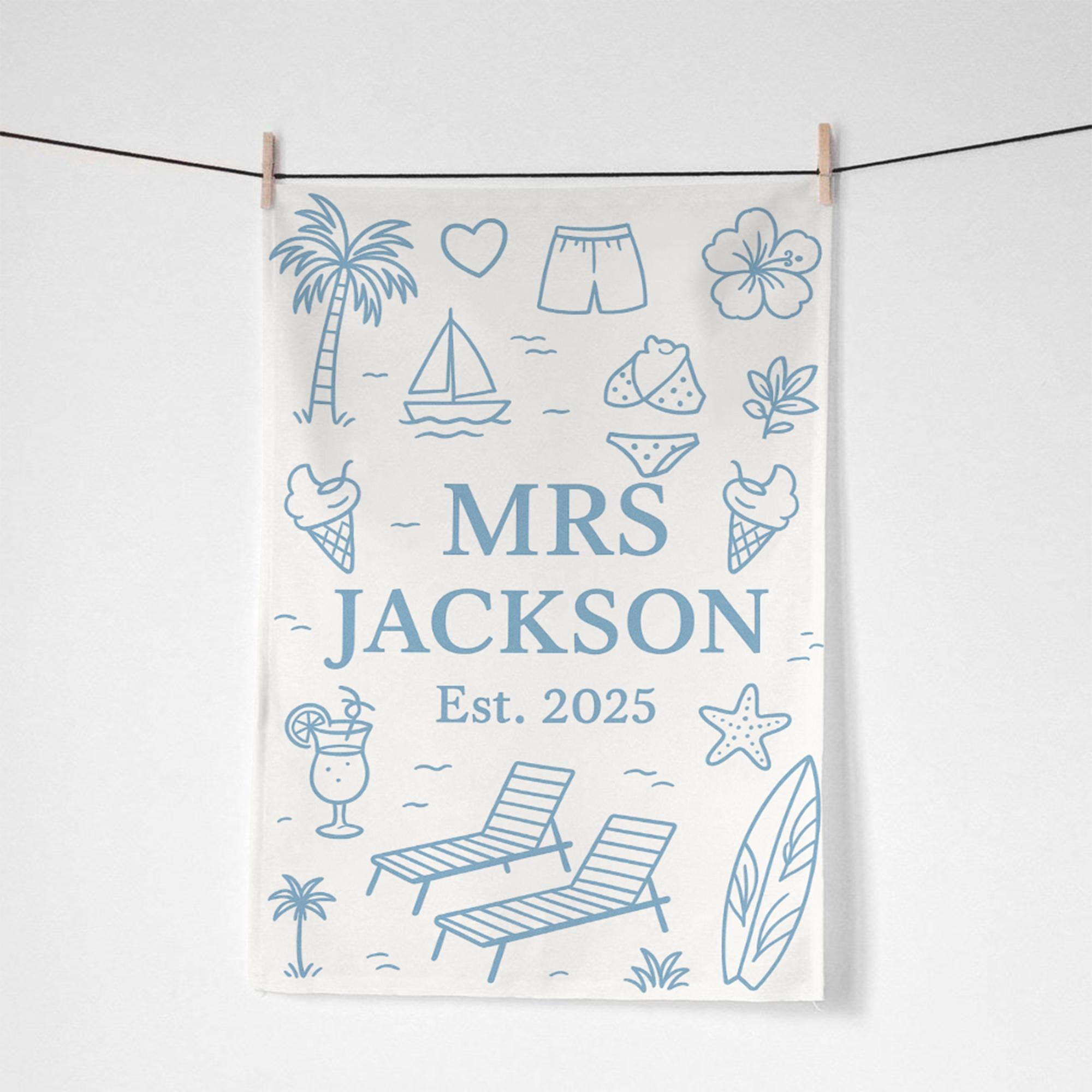 Custom Honeymoon Towel – Personalized Mr. & Mrs. Beach Towel, Wedding Gift for Couple, Tropical Vacation Pool Spa Towel, Est. Year