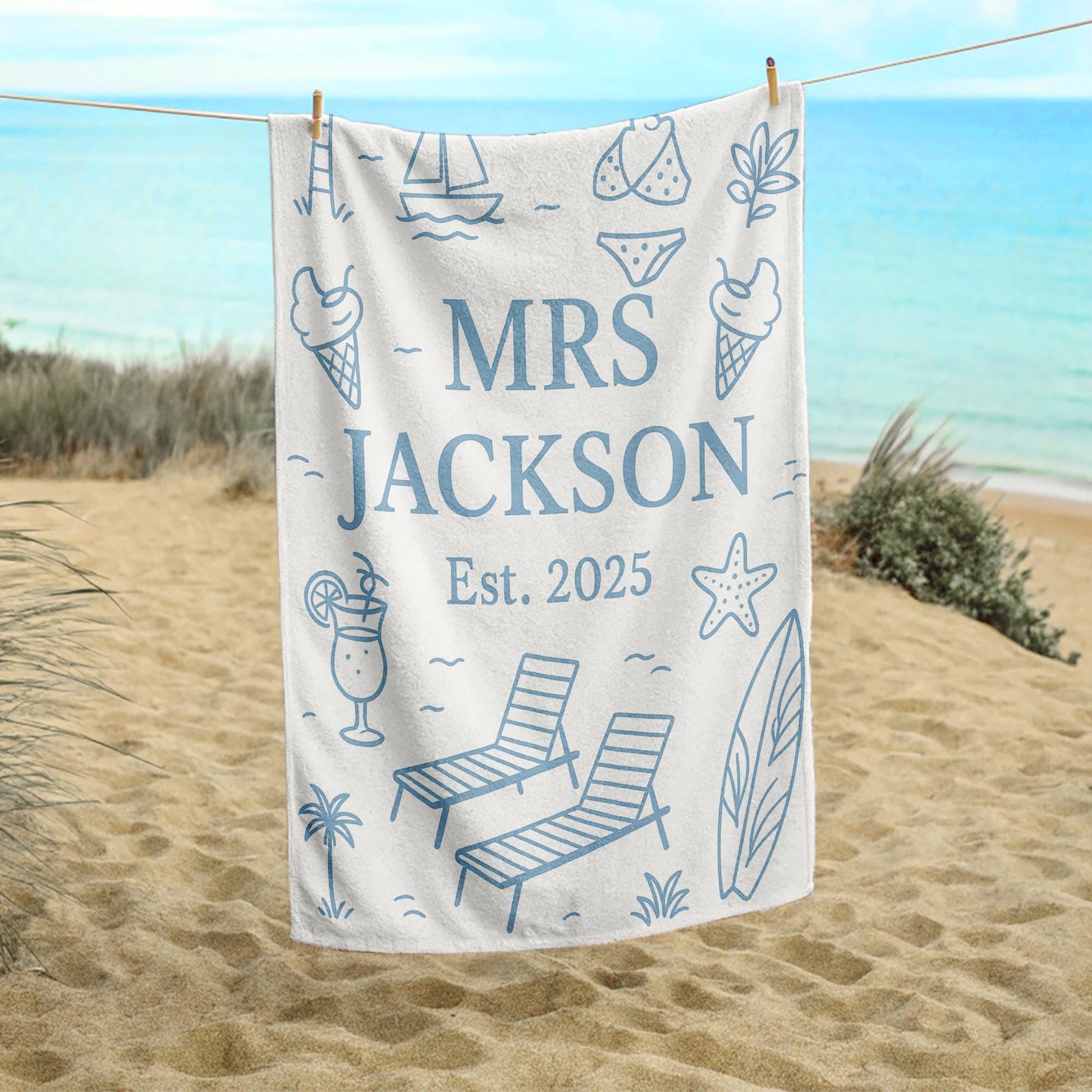 Custom Honeymoon Towel – Personalized Mr. & Mrs. Beach Towel, Wedding Gift for Couple, Tropical Vacation Pool Spa Towel, Est. Year