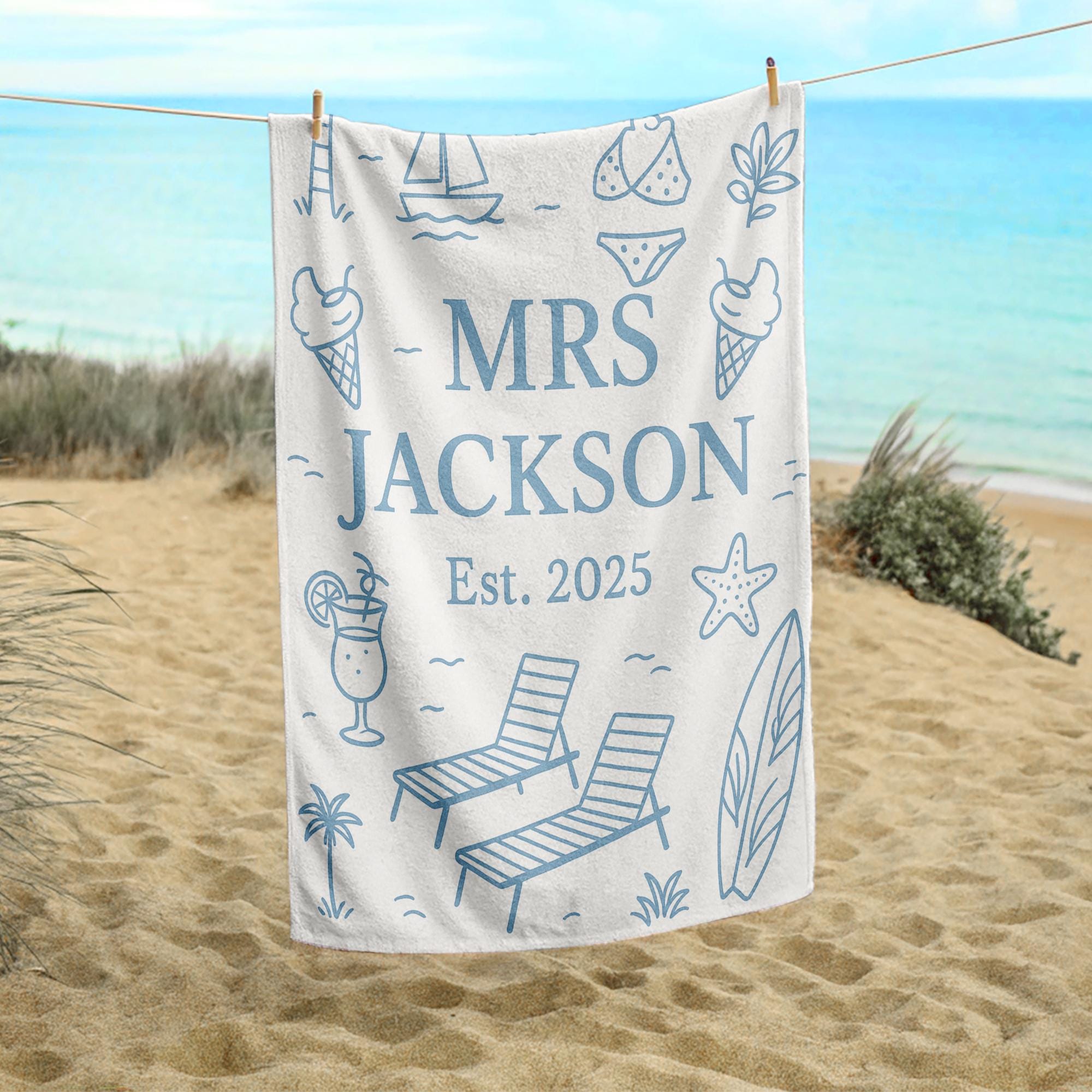 Custom Honeymoon Towel – Personalized Mr. & Mrs. Beach Towel, Wedding Gift for Couple, Tropical Vacation Pool Spa Towel, Est. Year