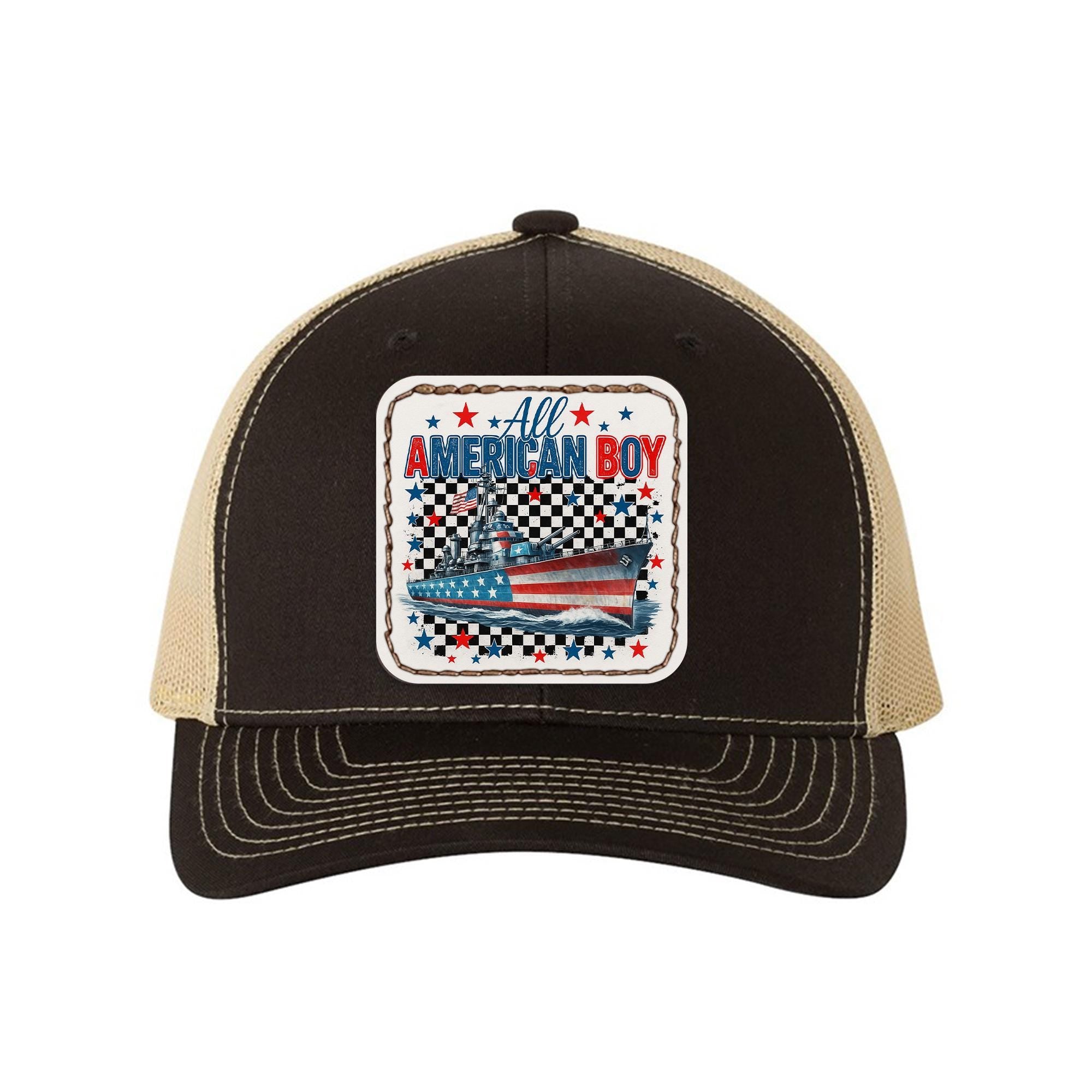 All American Boy Trucker Hat – Patriotic Battleship Cap for Men – USA Flag Navy Hat – 4th of July Gift – Retro Americana Style