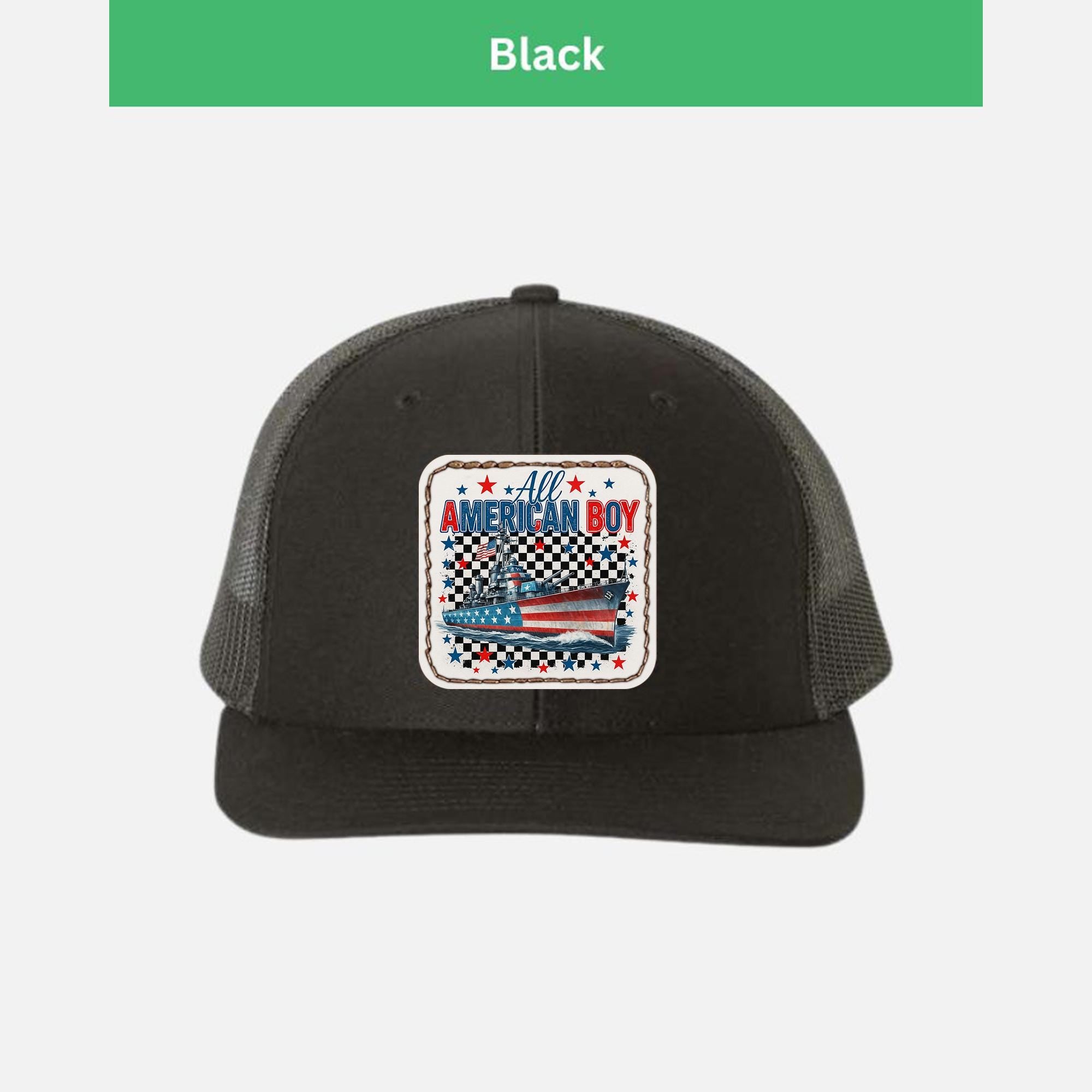 All American Boy Trucker Hat – Patriotic Battleship Cap for Men – USA Flag Navy Hat – 4th of July Gift – Retro Americana Style