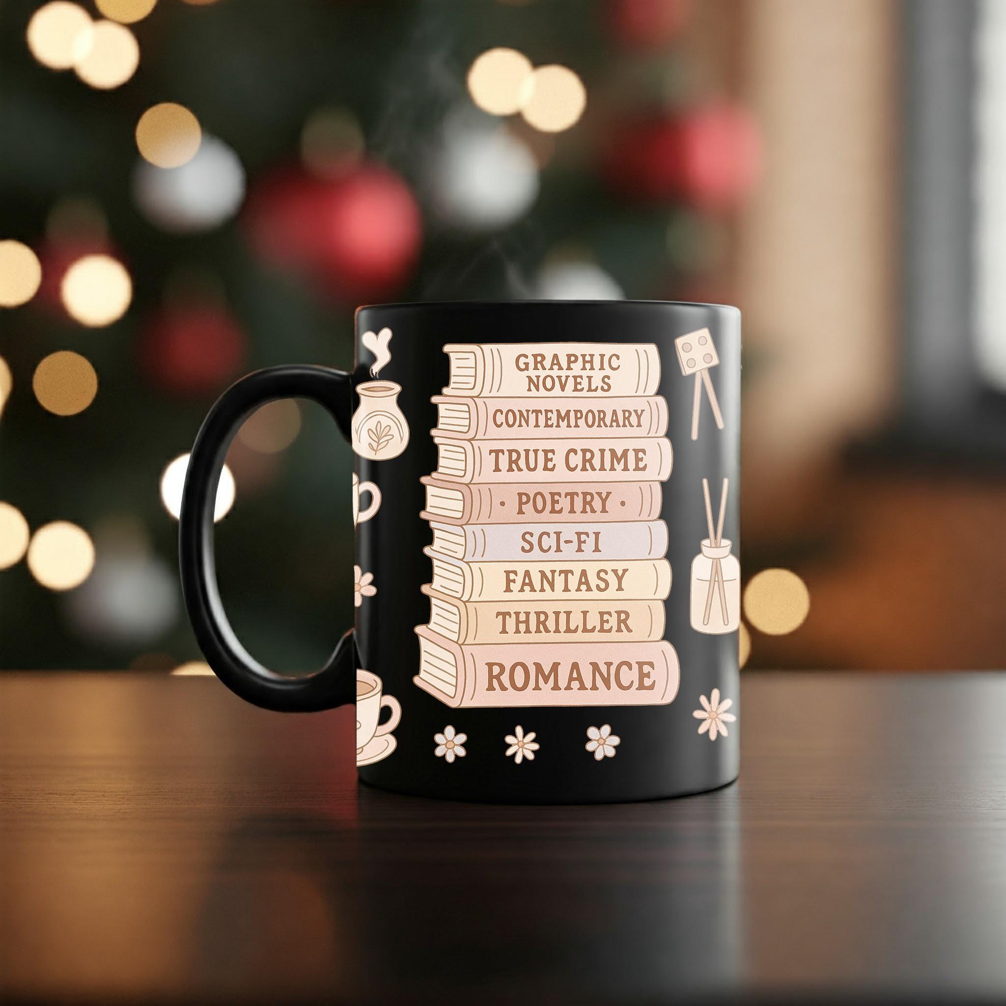 Book Genre Lover Mug – Cute Book Stack Coffee Cup for Readers, Cozy Literary Gift for Bookworms, True Crime Fantasy Romance Mug
