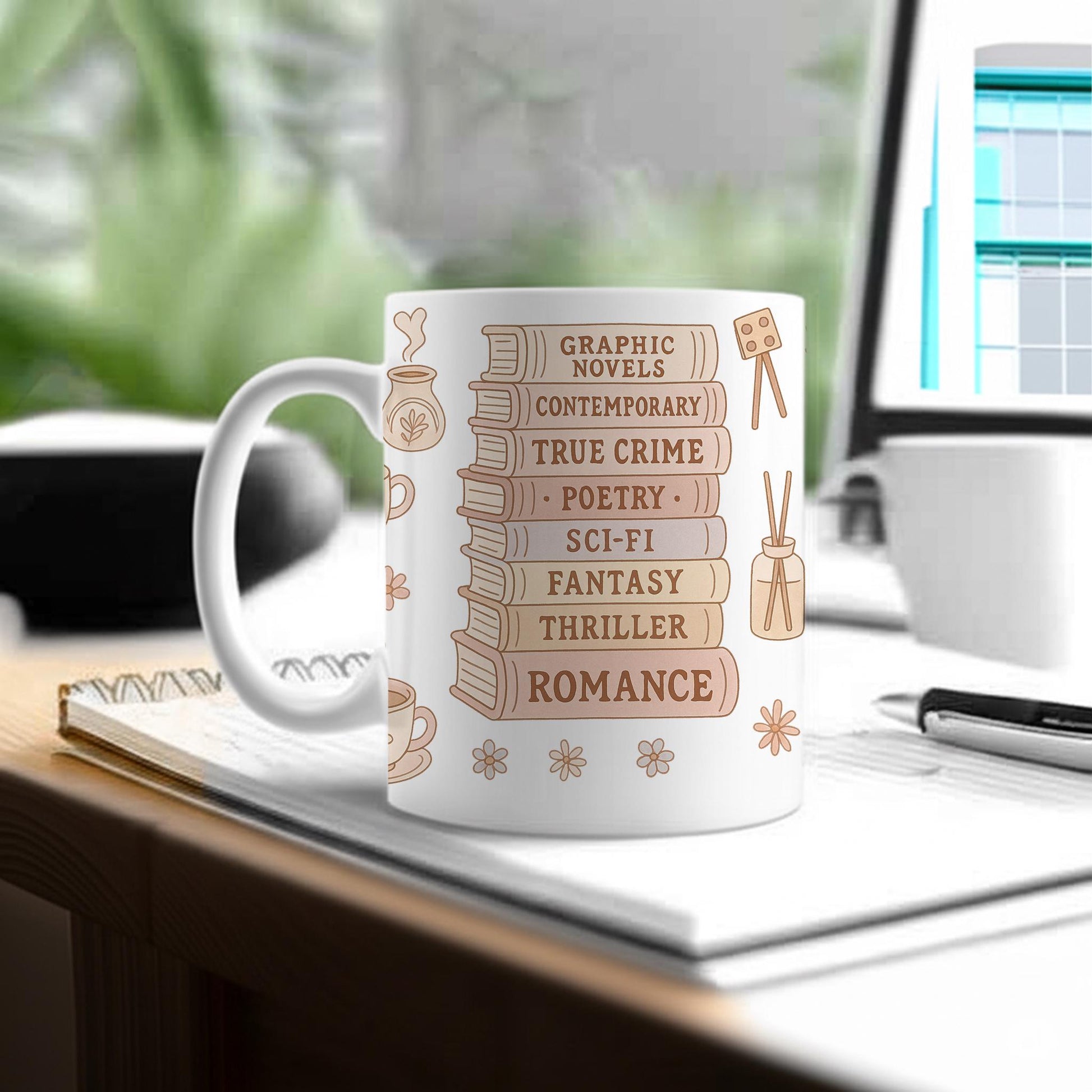 Book Genre Lover Mug – Cute Book Stack Coffee Cup for Readers, Cozy Literary Gift for Bookworms, True Crime Fantasy Romance Mug