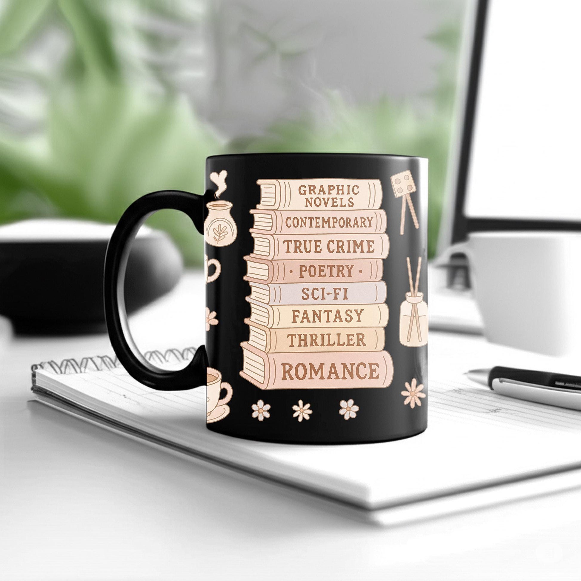 Book Genre Lover Mug – Cute Book Stack Coffee Cup for Readers, Cozy Literary Gift for Bookworms, True Crime Fantasy Romance Mug