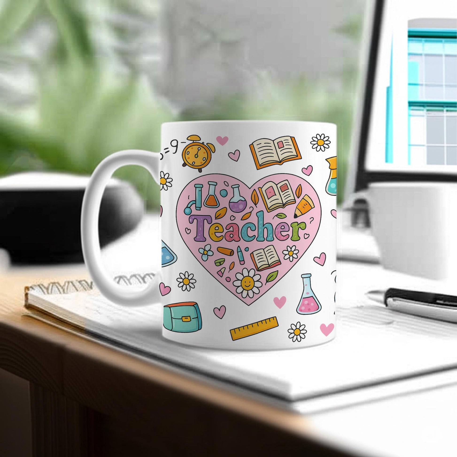 I Love Teacher Mug – Cute Teacher Appreciation Gift, Back to School Coffee Cup, Colorful Classroom Icon Design for Educators & Staff