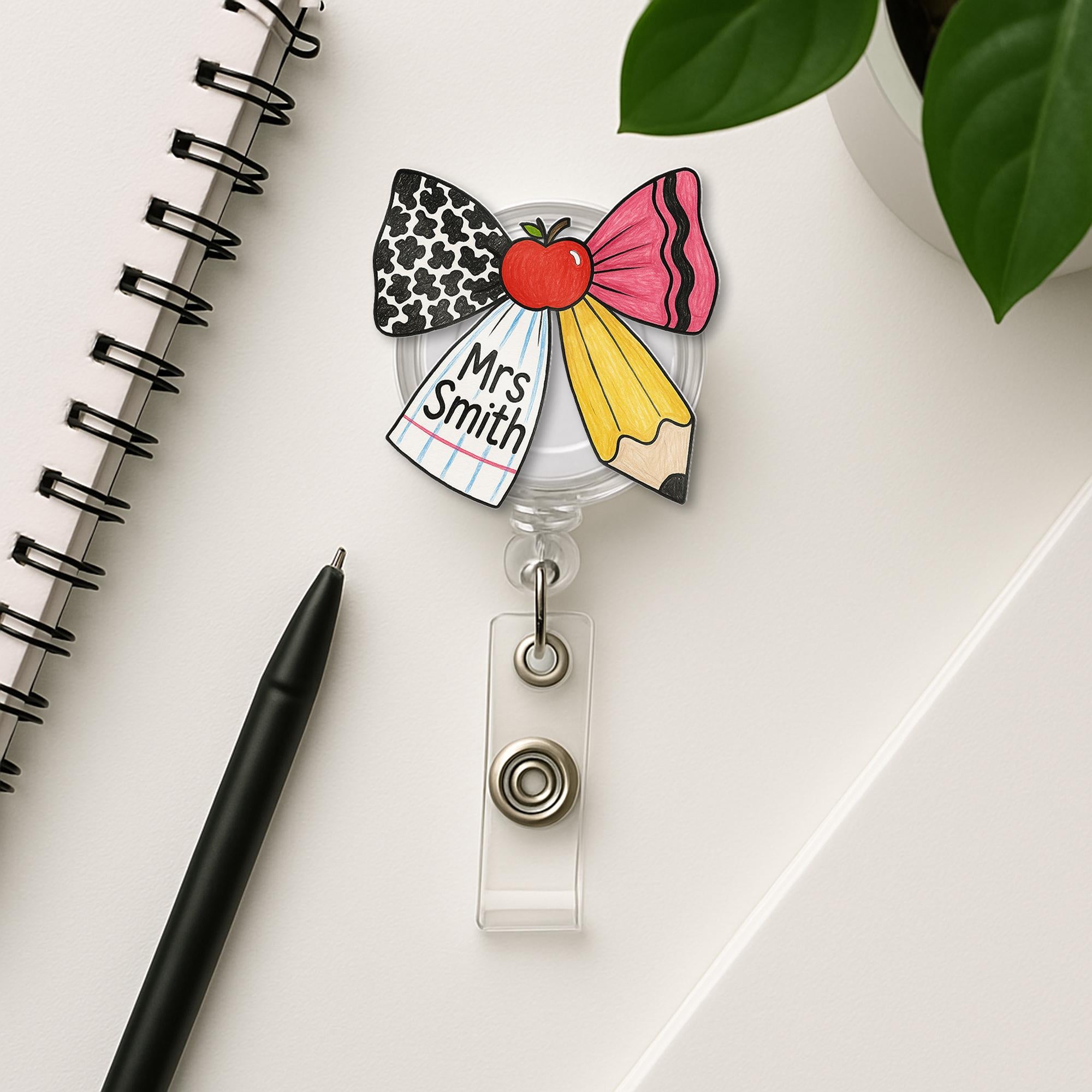 Personalized Teacher Badge Reel – Cute Bow Design with Pencil, Apple & Notebook Patterns, Custom Name ID Holder for Back to School