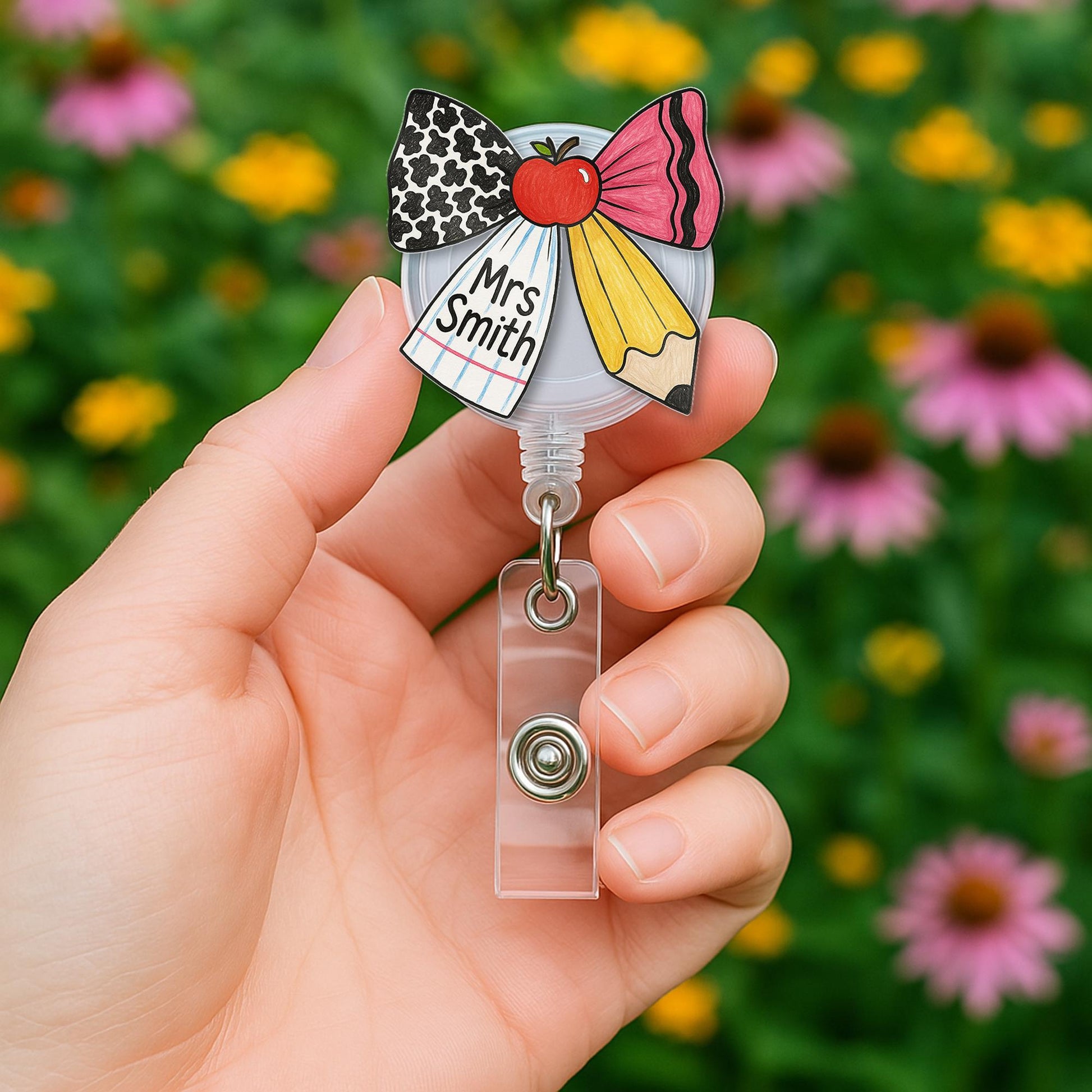 Personalized Teacher Badge Reel – Cute Bow Design with Pencil, Apple & Notebook Patterns, Custom Name ID Holder for Back to School