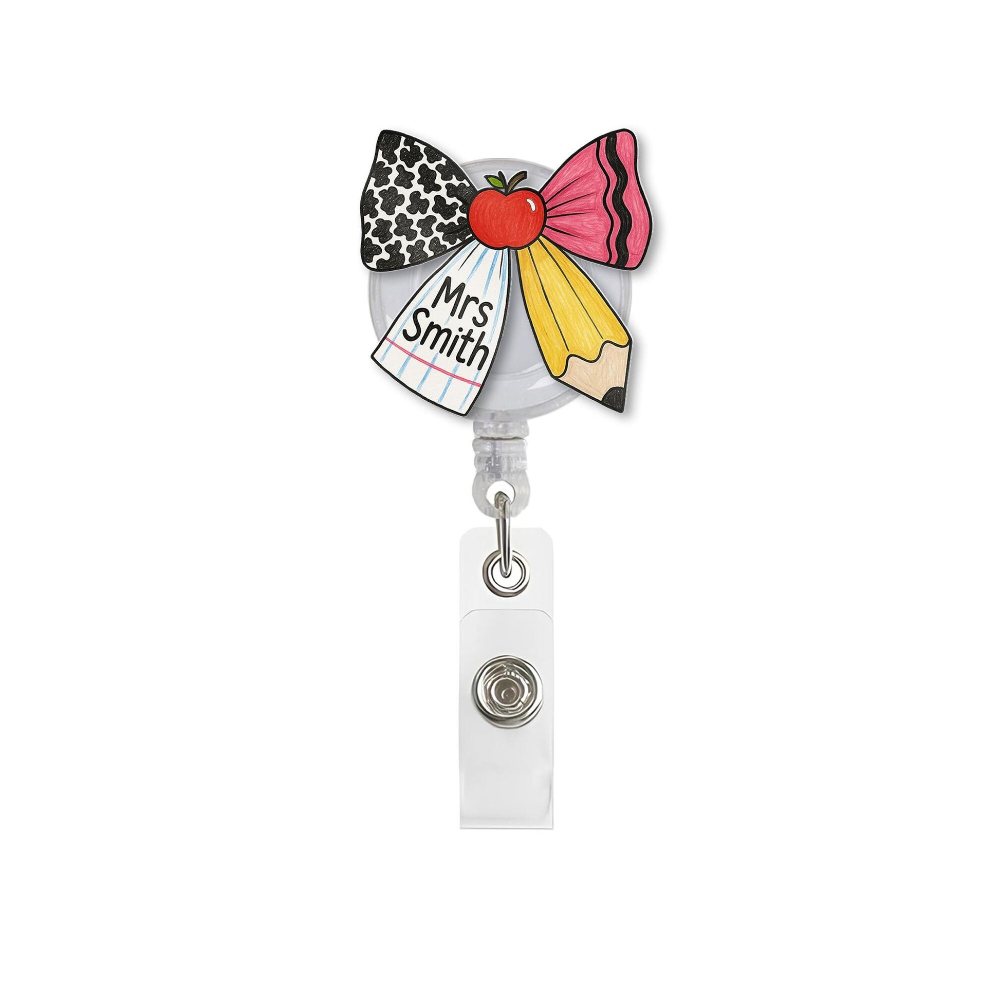 Personalized Teacher Badge Reel – Cute Bow Design with Pencil, Apple & Notebook Patterns, Custom Name ID Holder for Back to School