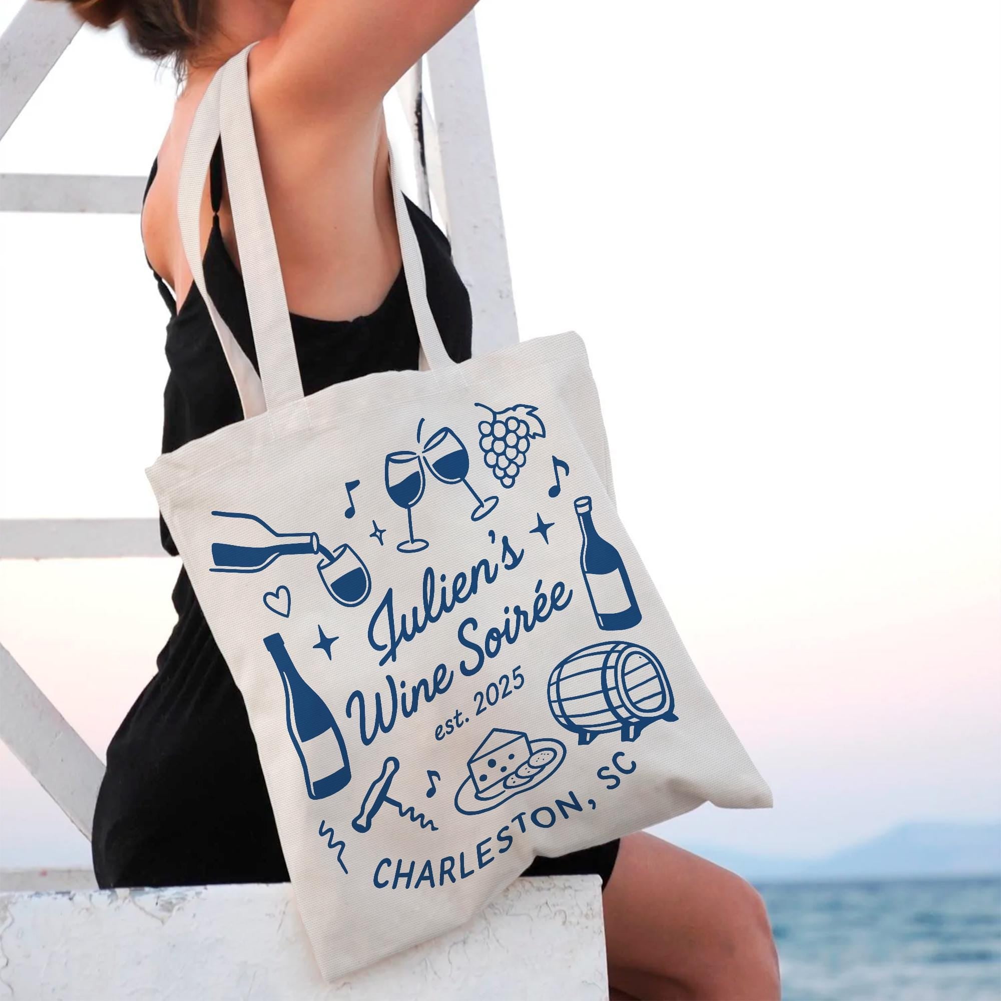 Custom Wine Soirée Tote Bag – Personalized Wine Night Gift, Vineyard Party Favor, Cheese & Wine Club Bag, Girls Trip Keepsake