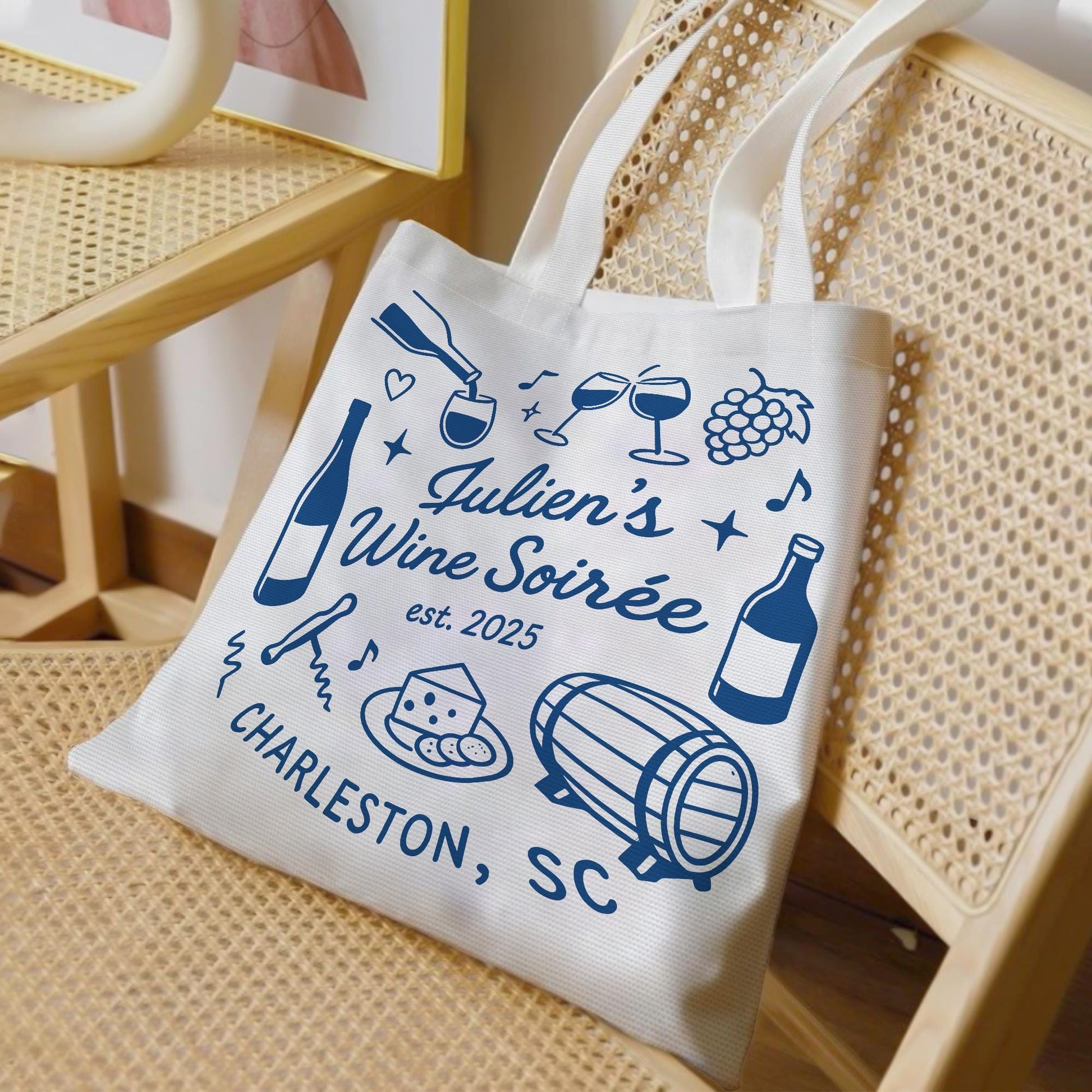 Custom Wine Soirée Tote Bag – Personalized Wine Night Gift, Vineyard Party Favor, Cheese & Wine Club Bag, Girls Trip Keepsake