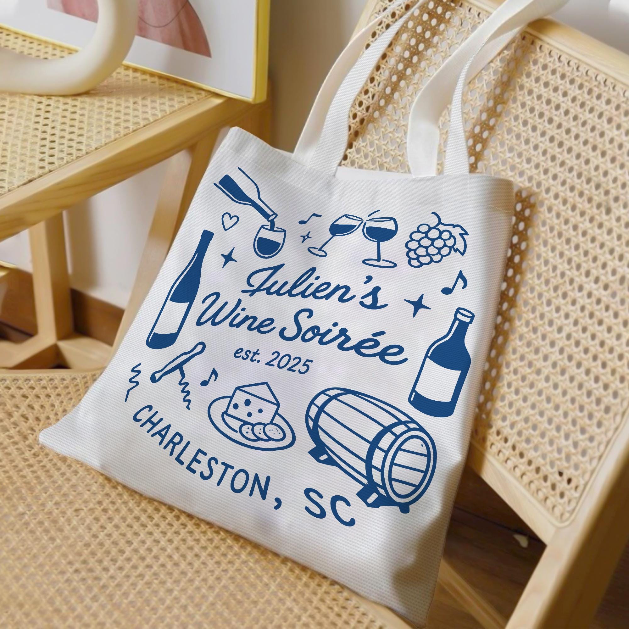 Custom Wine Soirée Tote Bag – Personalized Wine Night Gift, Vineyard Party Favor, Cheese & Wine Club Bag, Girls Trip Keepsake