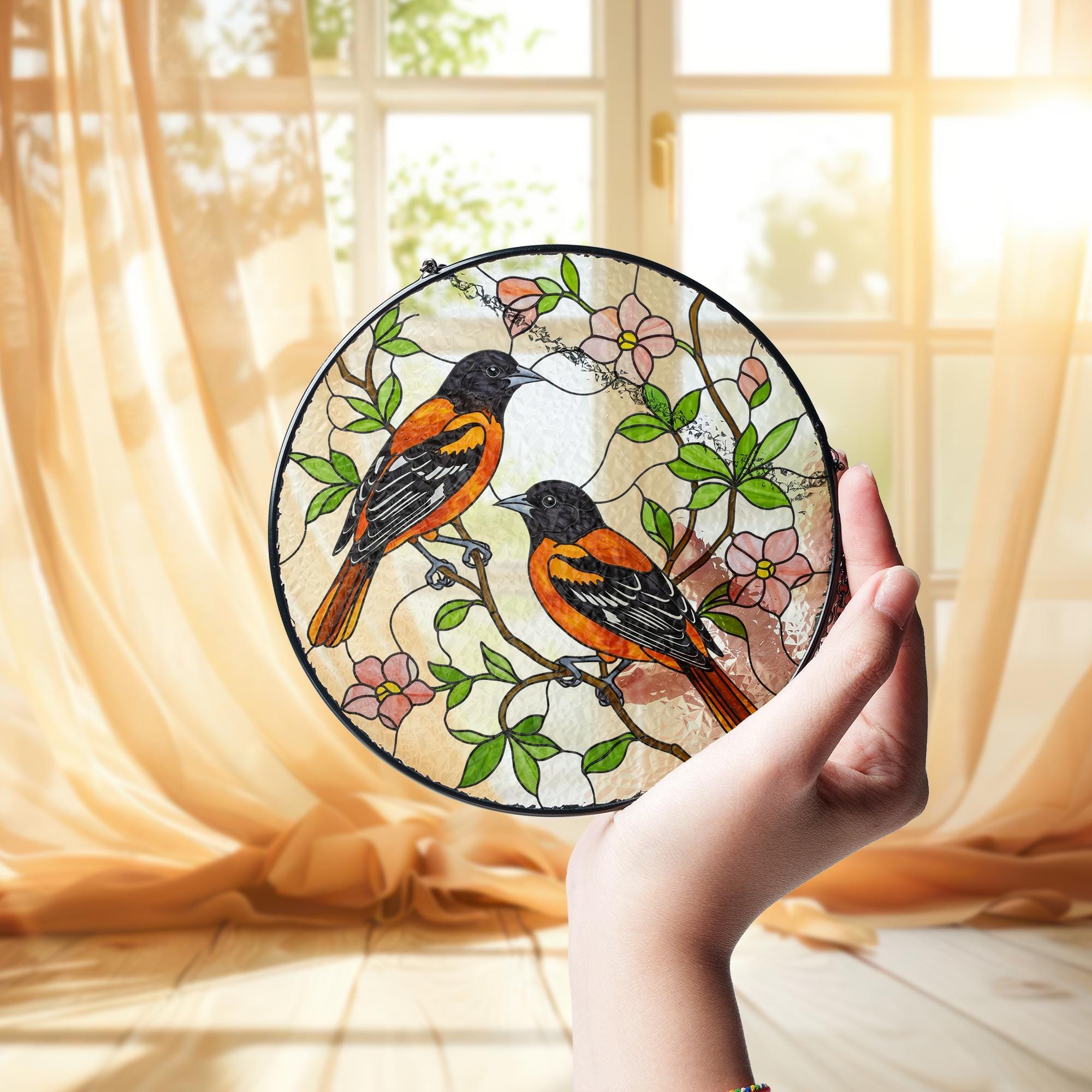 Baltimore Orioles and Trailing Flowering Vines Glass Suncatcher – Glass Window Hanging Gift for Bird Lovers, Garden and Nature Decor