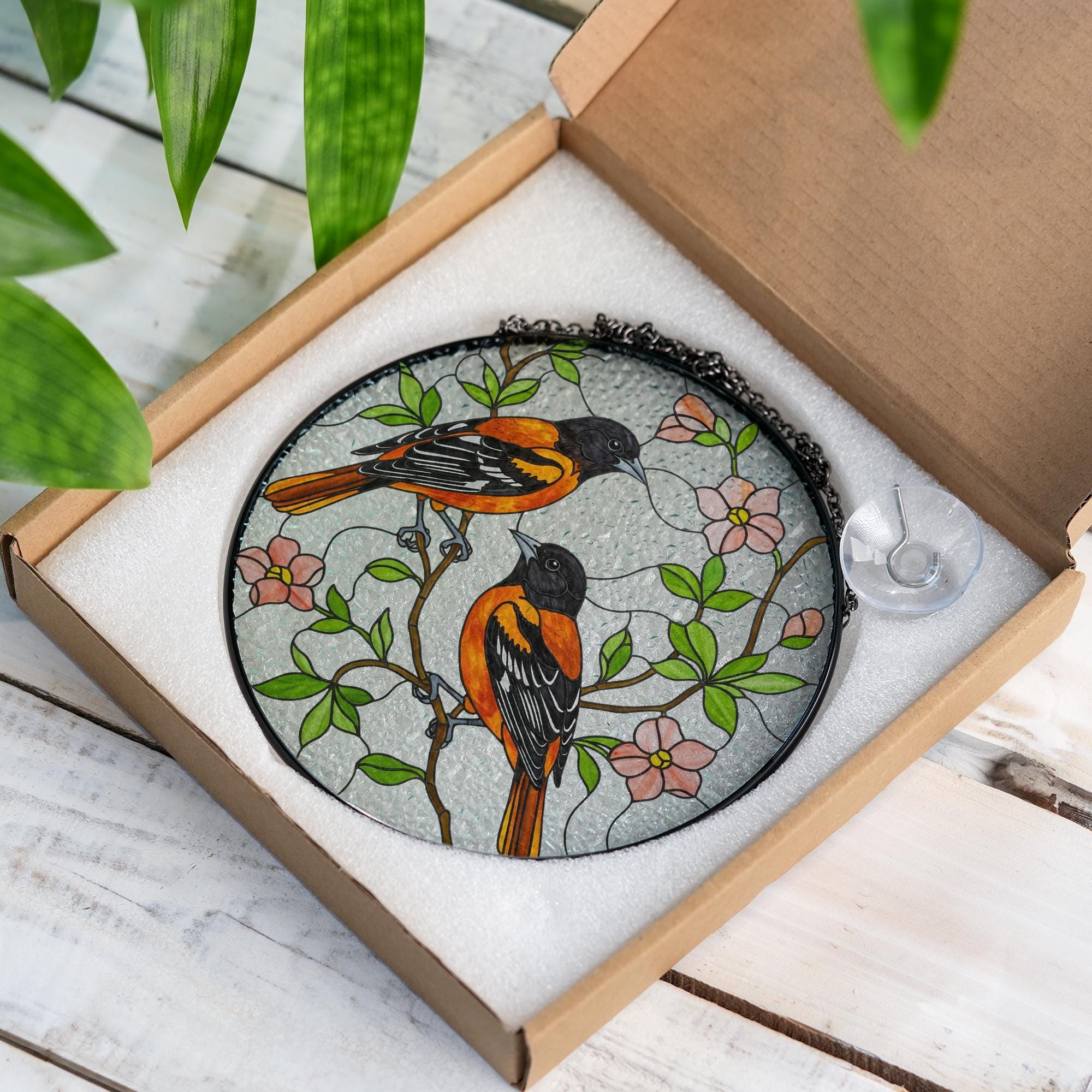 Baltimore Orioles and Trailing Flowering Vines Glass Suncatcher – Glass Window Hanging Gift for Bird Lovers, Garden and Nature Decor