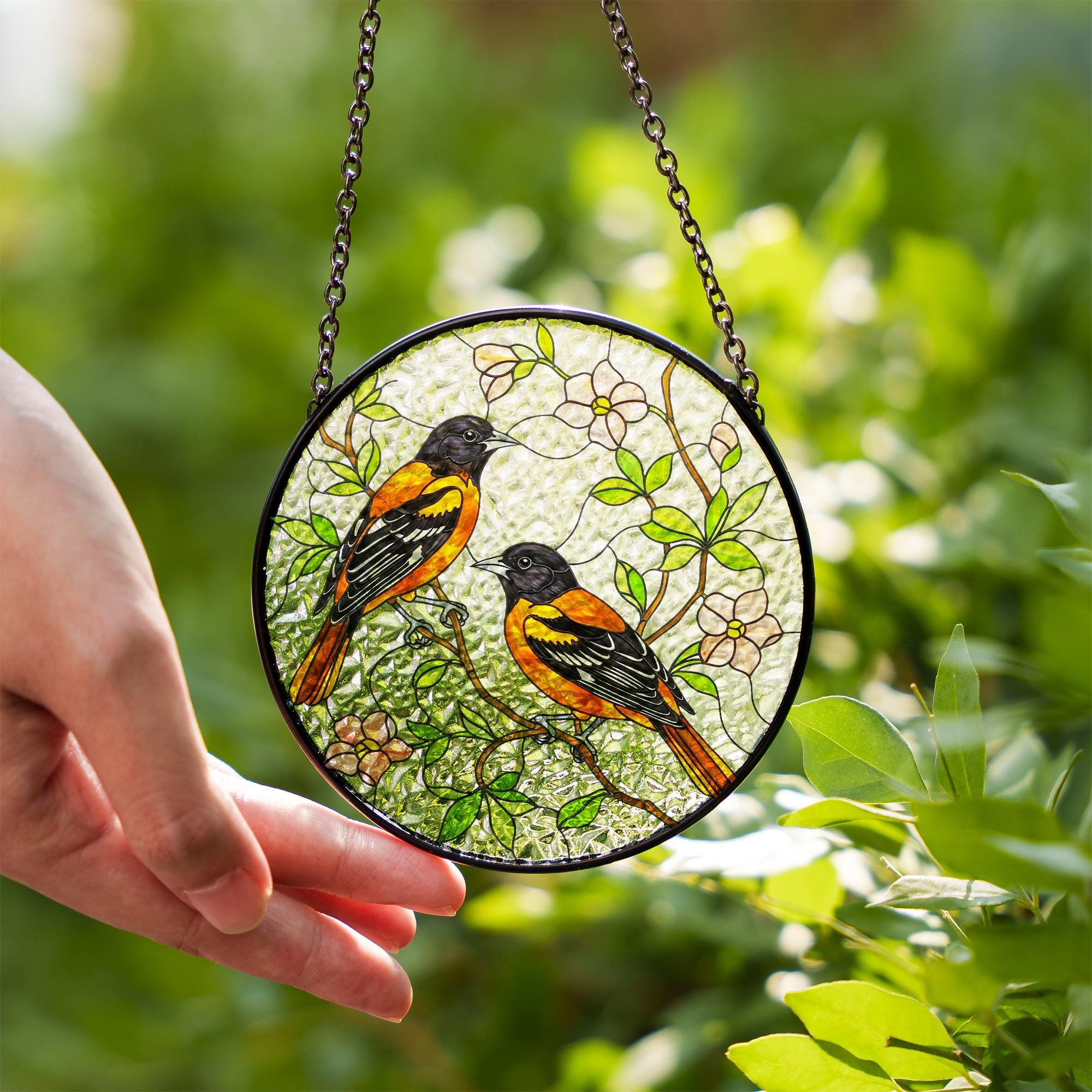 Baltimore Orioles and Trailing Flowering Vines Glass Suncatcher – Glass Window Hanging Gift for Bird Lovers, Garden and Nature Decor